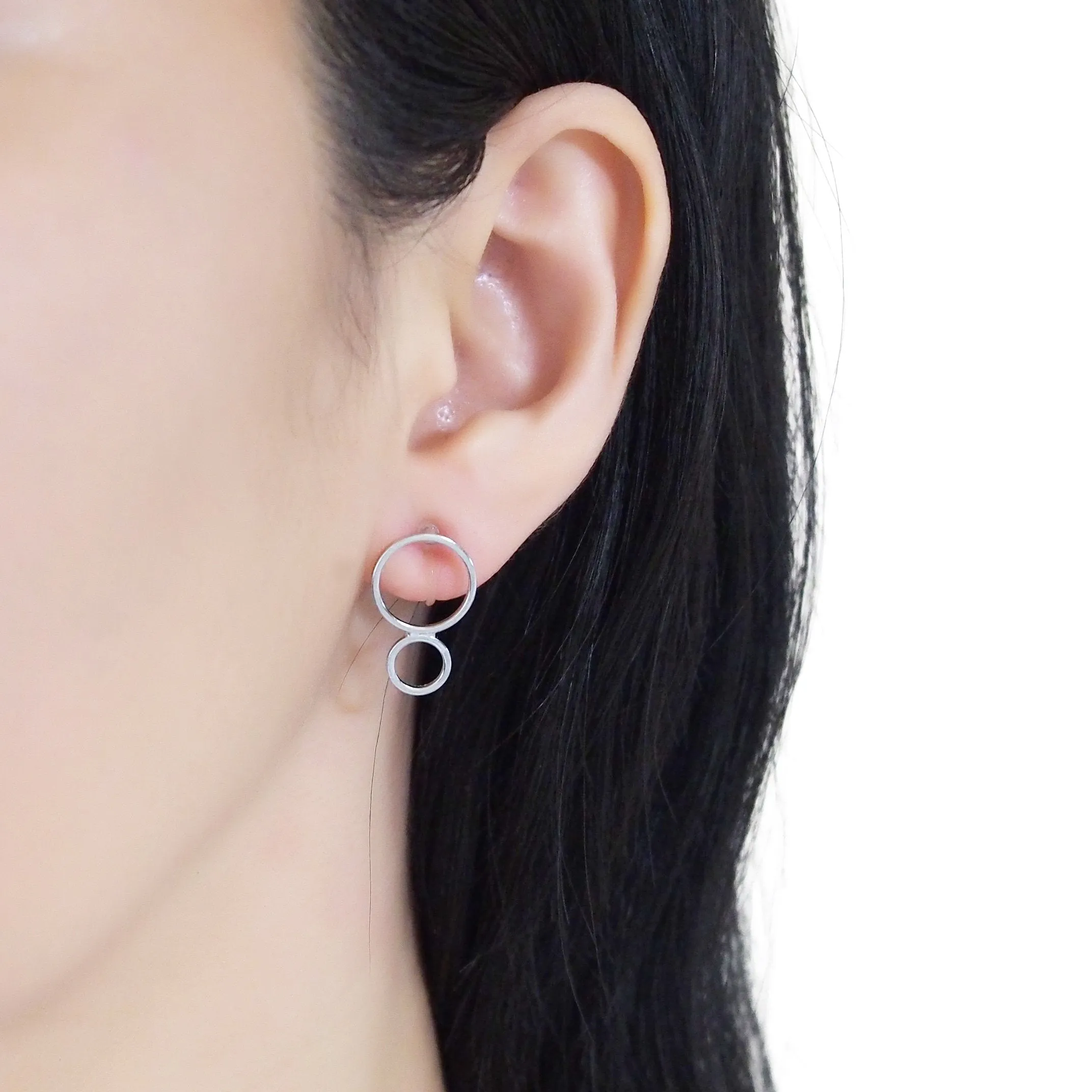 Double hoop invisible clip on stud earrings ( Silver tone )