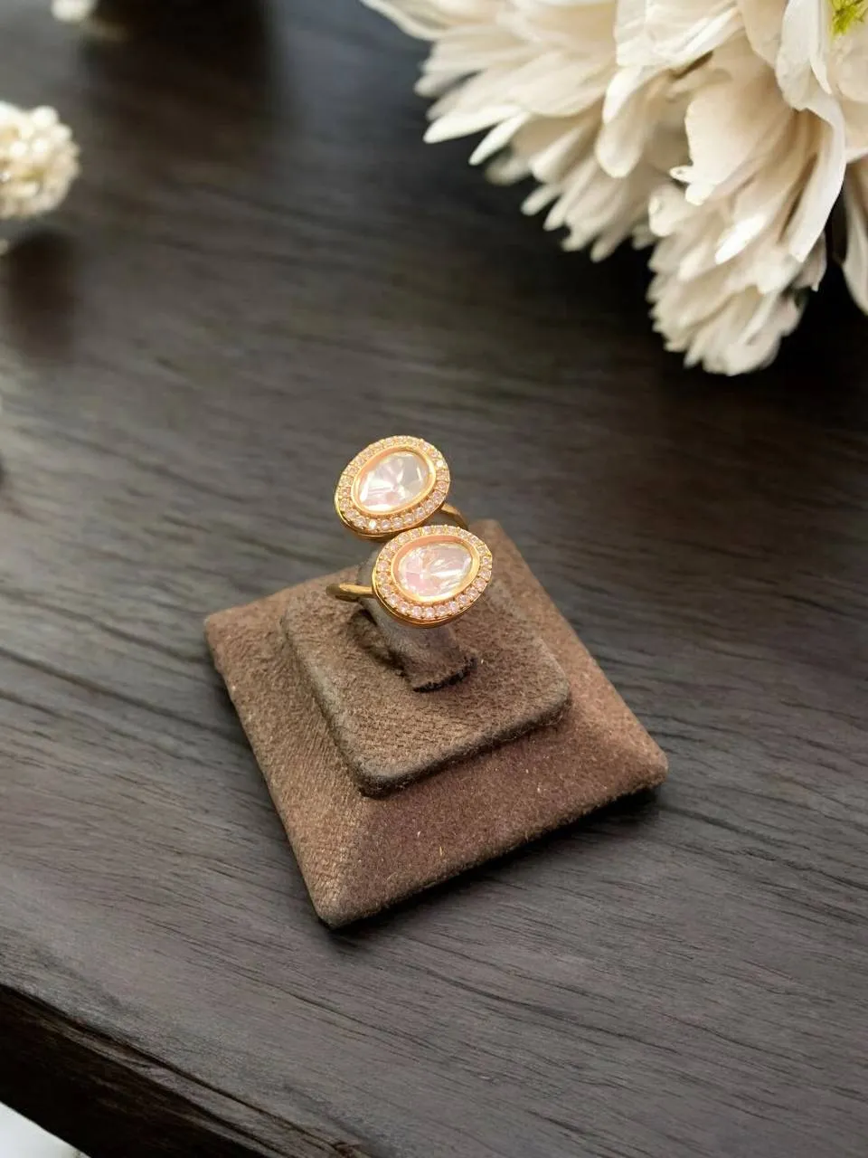 Double Kundan Gold Plated Ring - Adjustable