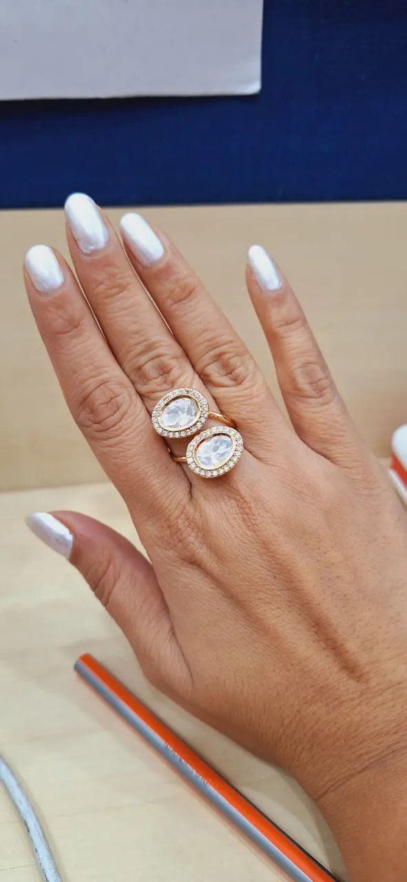 Double Kundan Gold Plated Ring - Adjustable