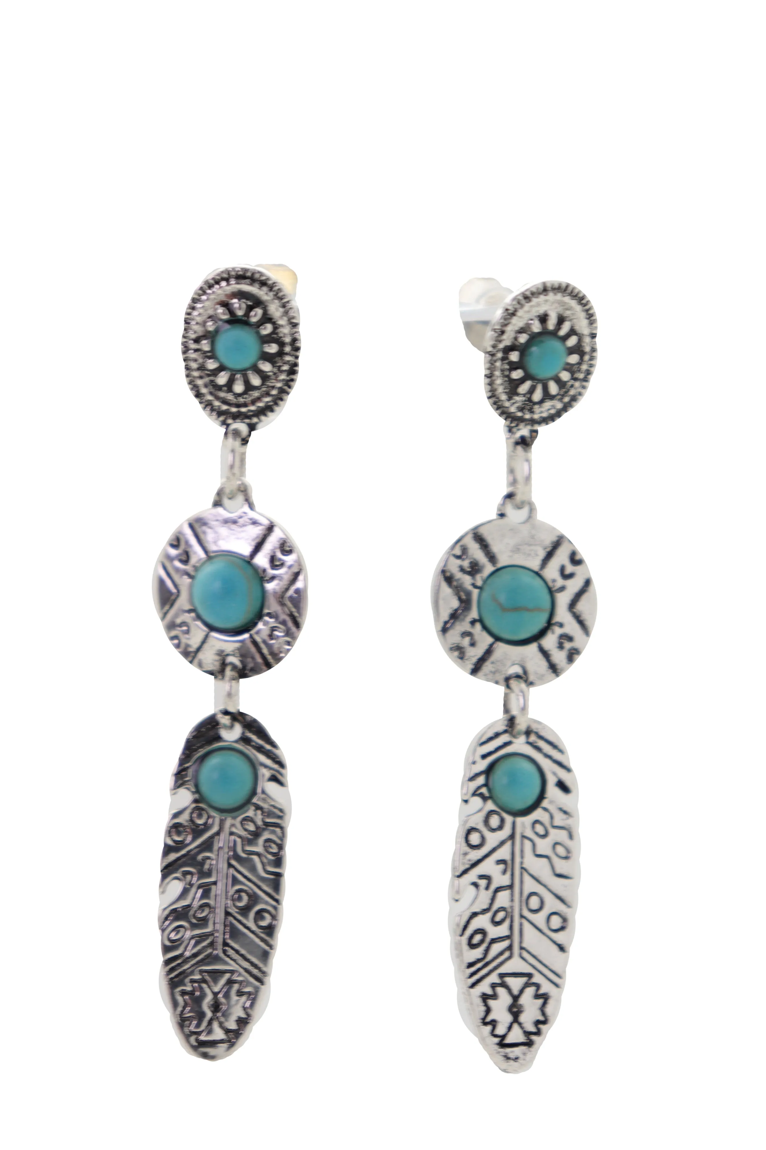 Earrings Ethnic Silver Metal Native Feathers Jewelry Turquoise Blue Beads