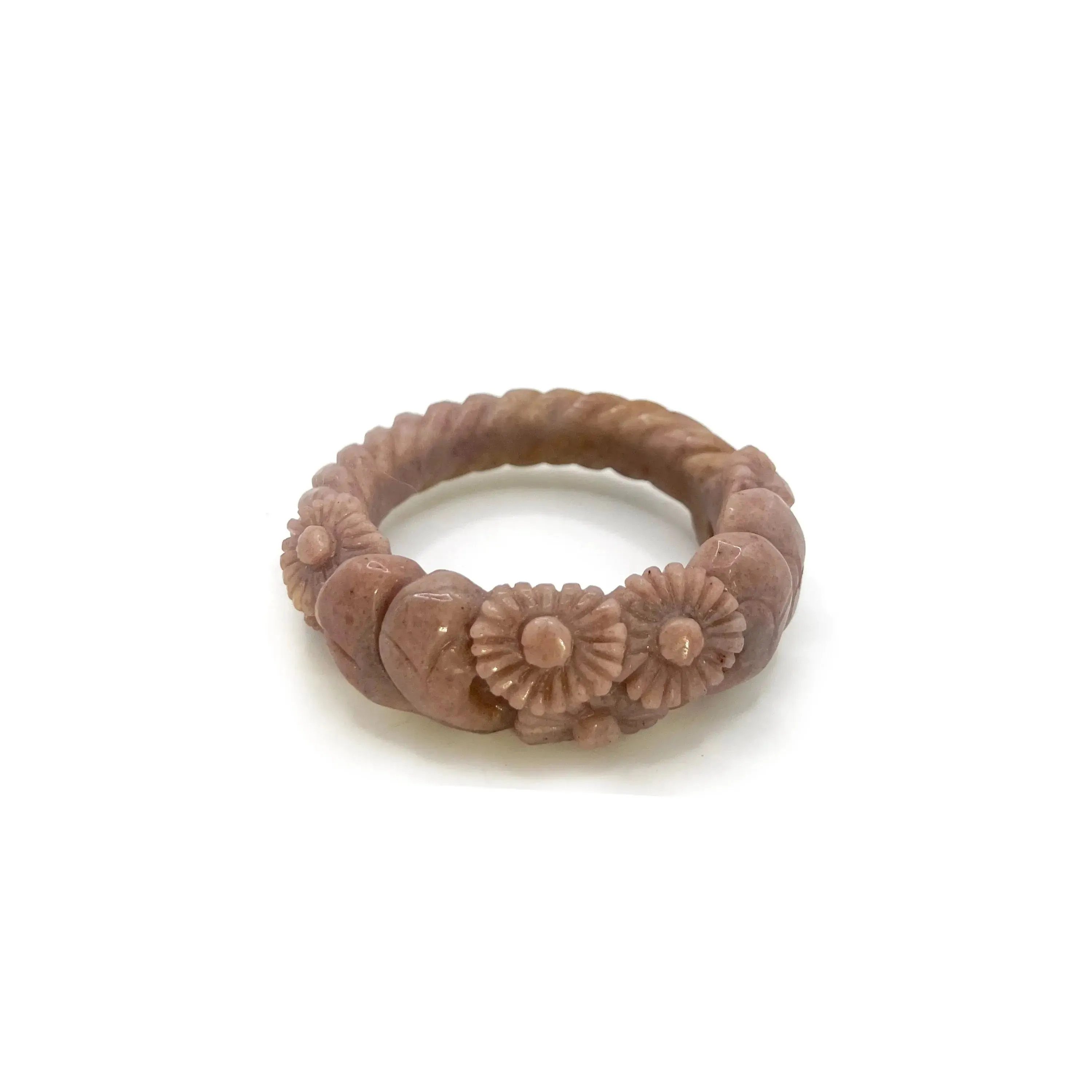 Earthy Bracelet – Twisted Mongolian Jade Stone Bangle with Carved Daisies in Meadow Purple