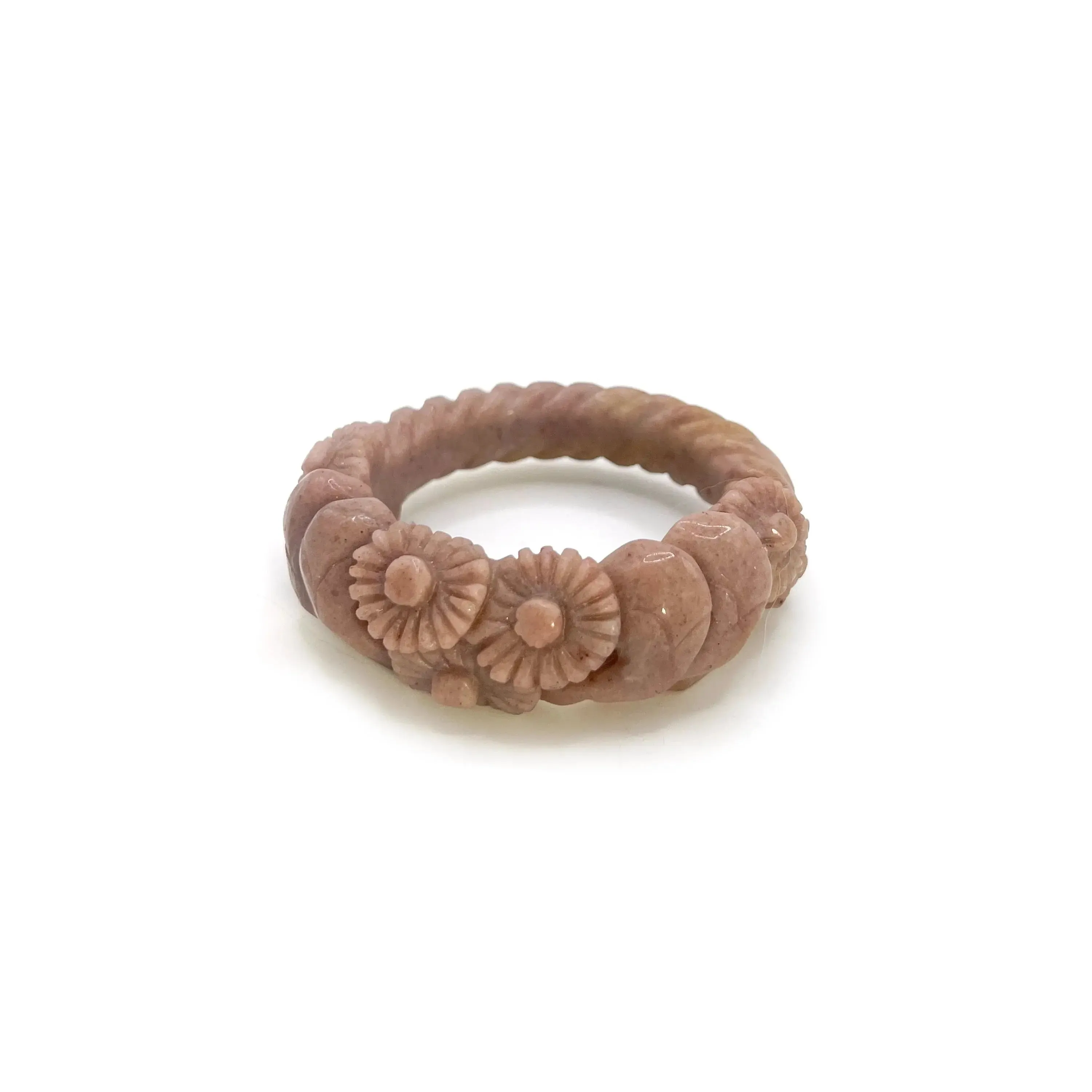 Earthy Bracelet – Twisted Mongolian Jade Stone Bangle with Carved Daisies in Meadow Purple