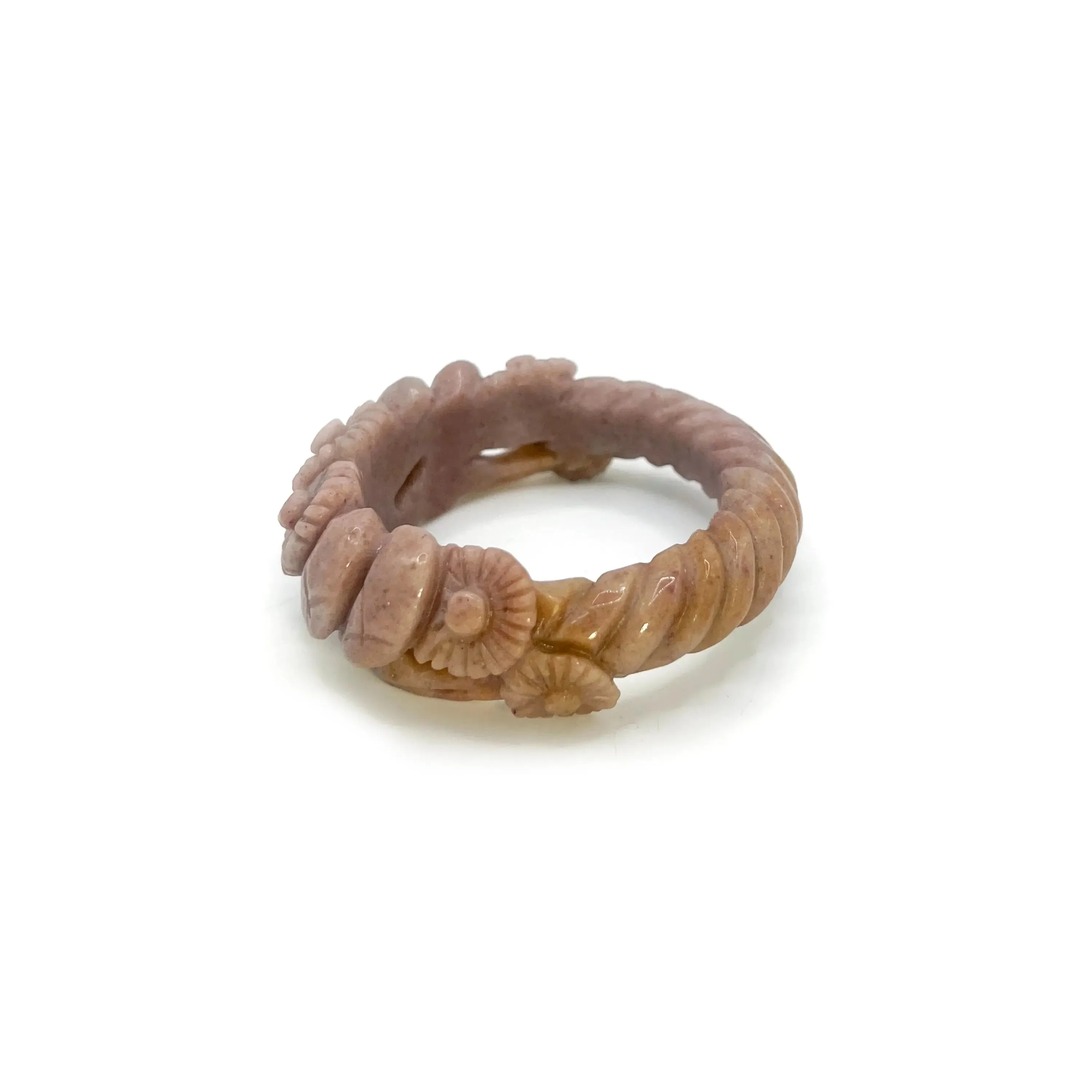 Earthy Bracelet – Twisted Mongolian Jade Stone Bangle with Carved Daisies in Meadow Purple