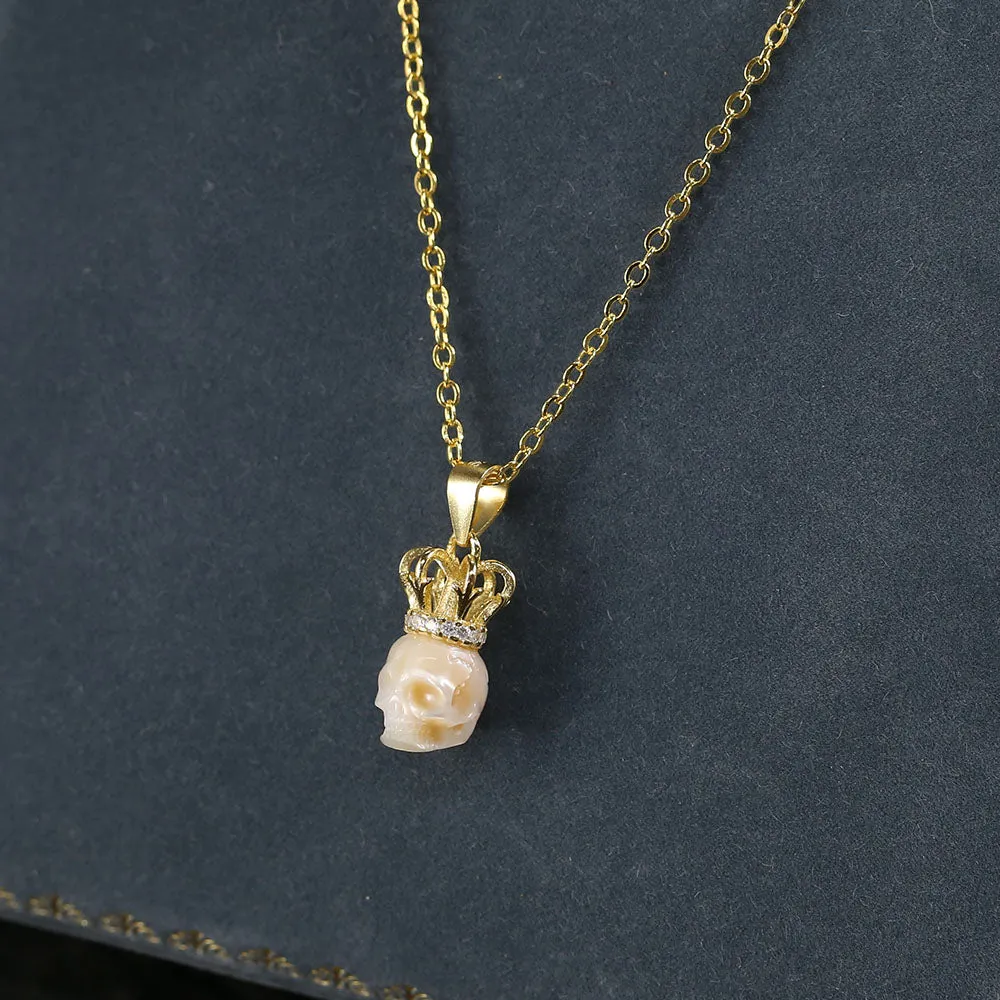 Elegant Pearl Skull Crown Necklace