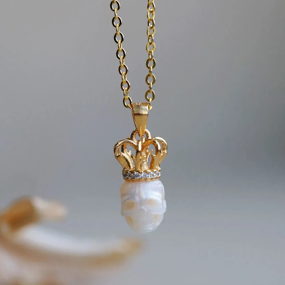Elegant Pearl Skull Crown Necklace