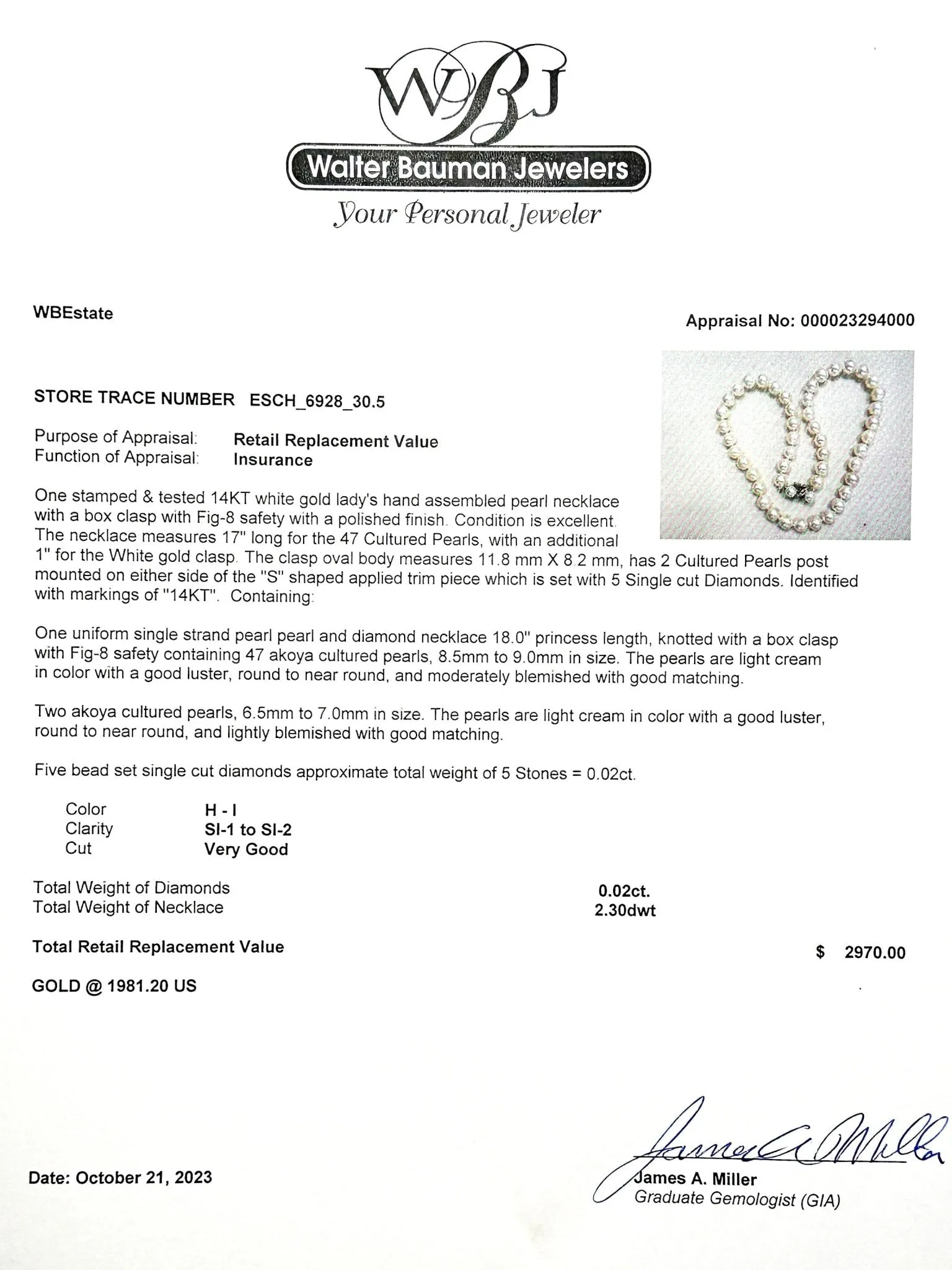 Estate 14K W Gold 8.5-9mm Akoya Pearl & 0.02cttw Diamond 18" Necklace