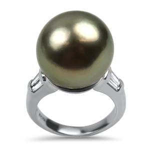 Estate 18K White Gold Tahitian Pearl & Diamond Ring