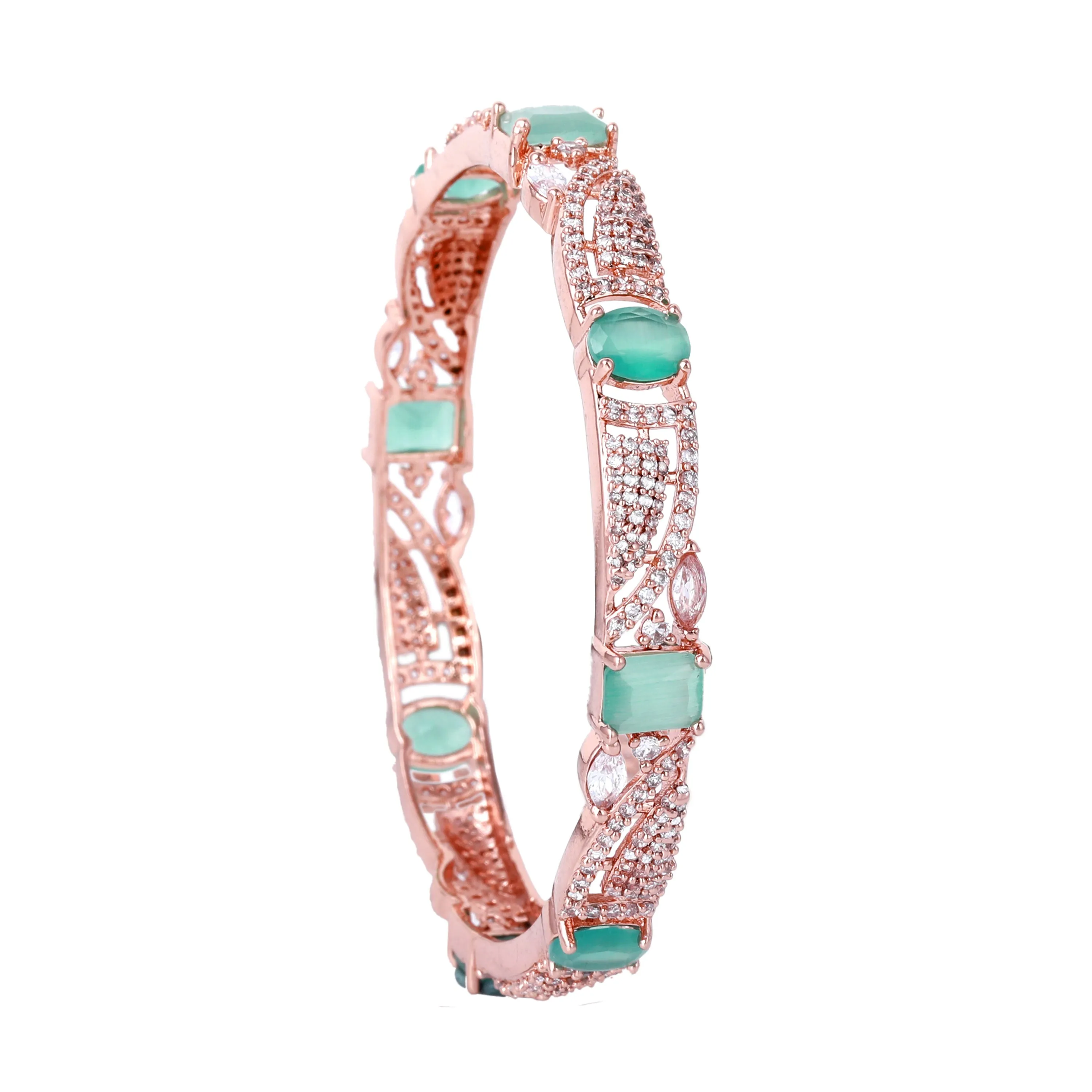 Estele Rosegold Plated Gleaming Mint Green American Diamond Bangles|Available in 2:4, 2:6 & 2:8 Sizes|Perfect Blend of Glamour & Elegance for Women