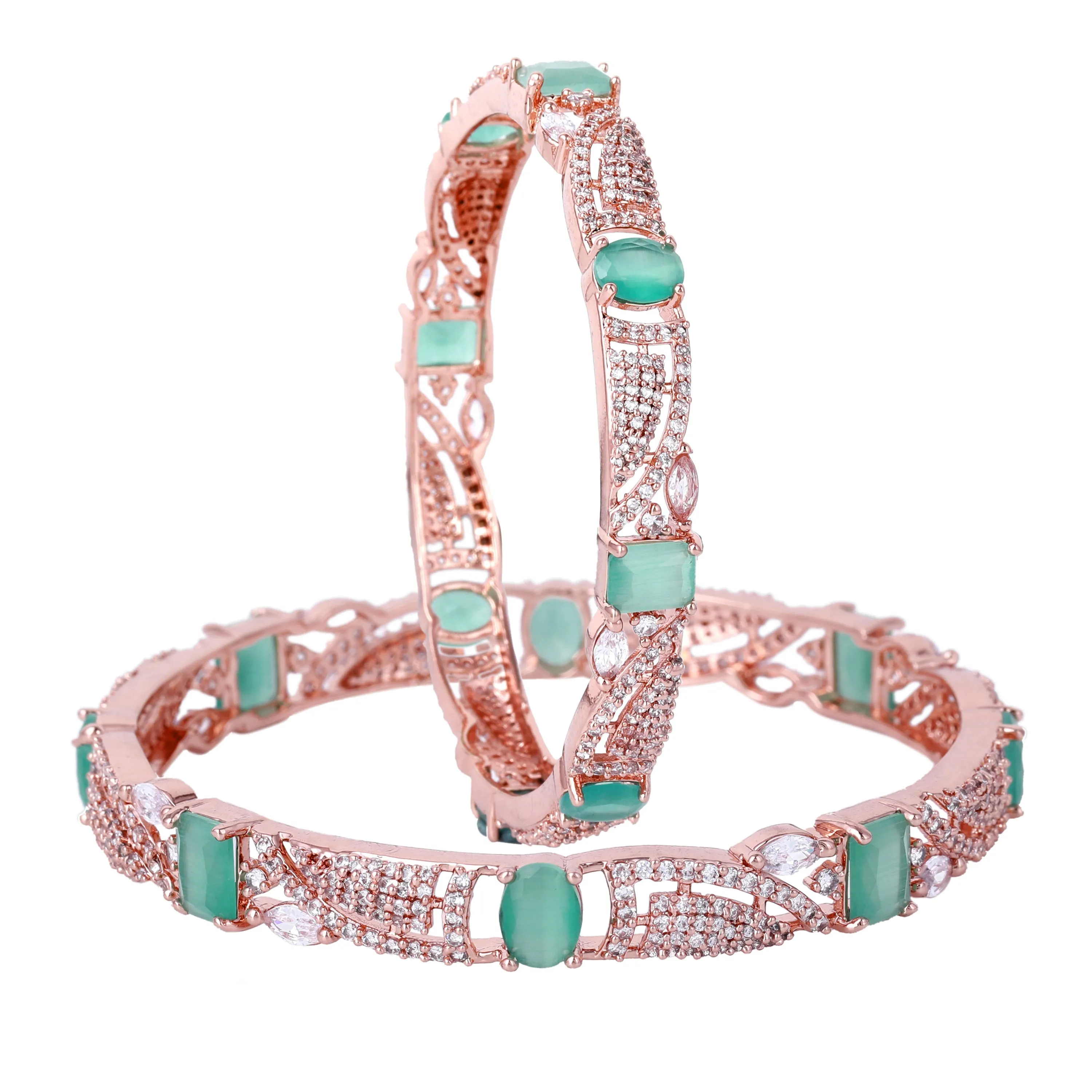 Estele Rosegold Plated Gleaming Mint Green American Diamond Bangles|Available in 2:4, 2:6 & 2:8 Sizes|Perfect Blend of Glamour & Elegance for Women