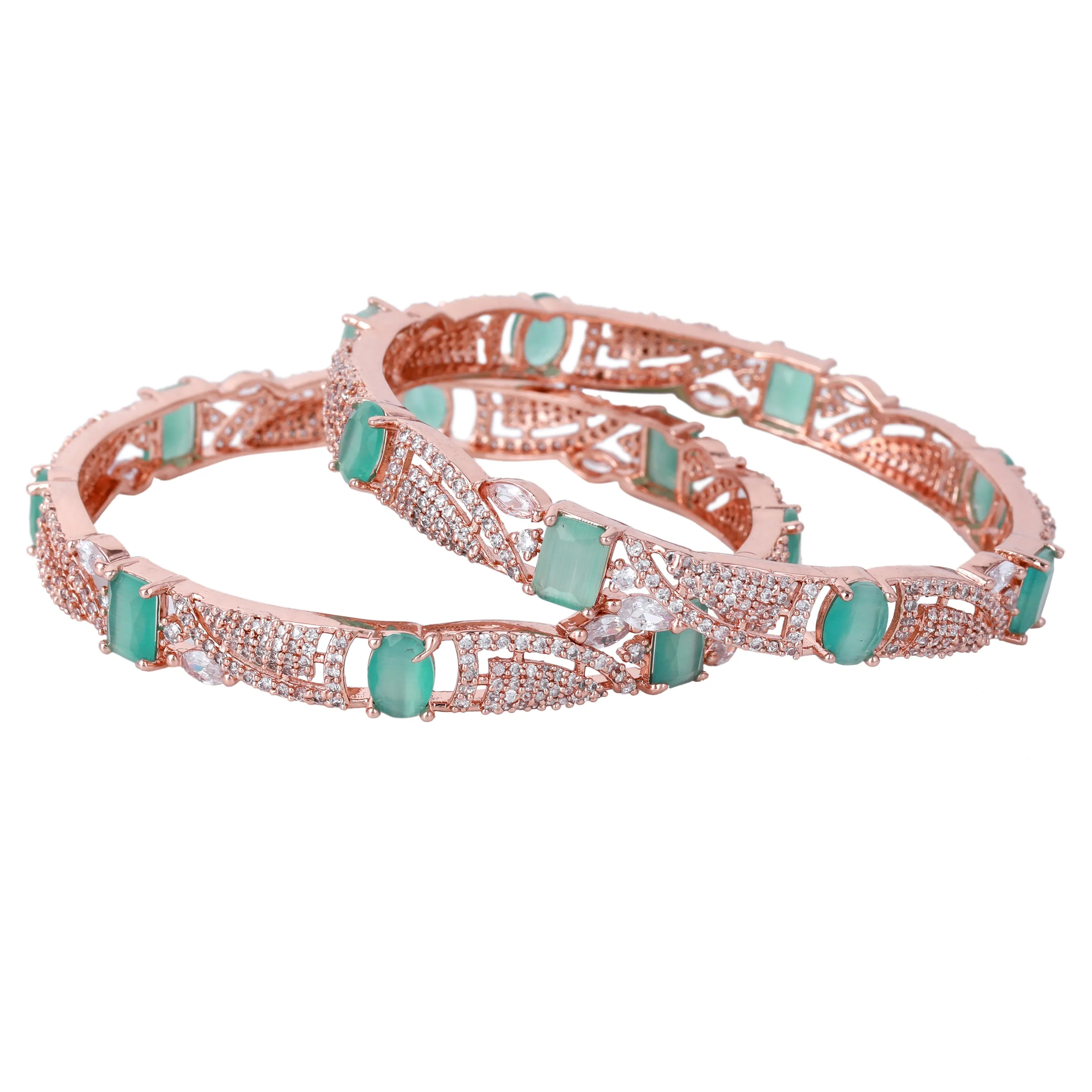 Estele Rosegold Plated Gleaming Mint Green American Diamond Bangles|Available in 2:4, 2:6 & 2:8 Sizes|Perfect Blend of Glamour & Elegance for Women