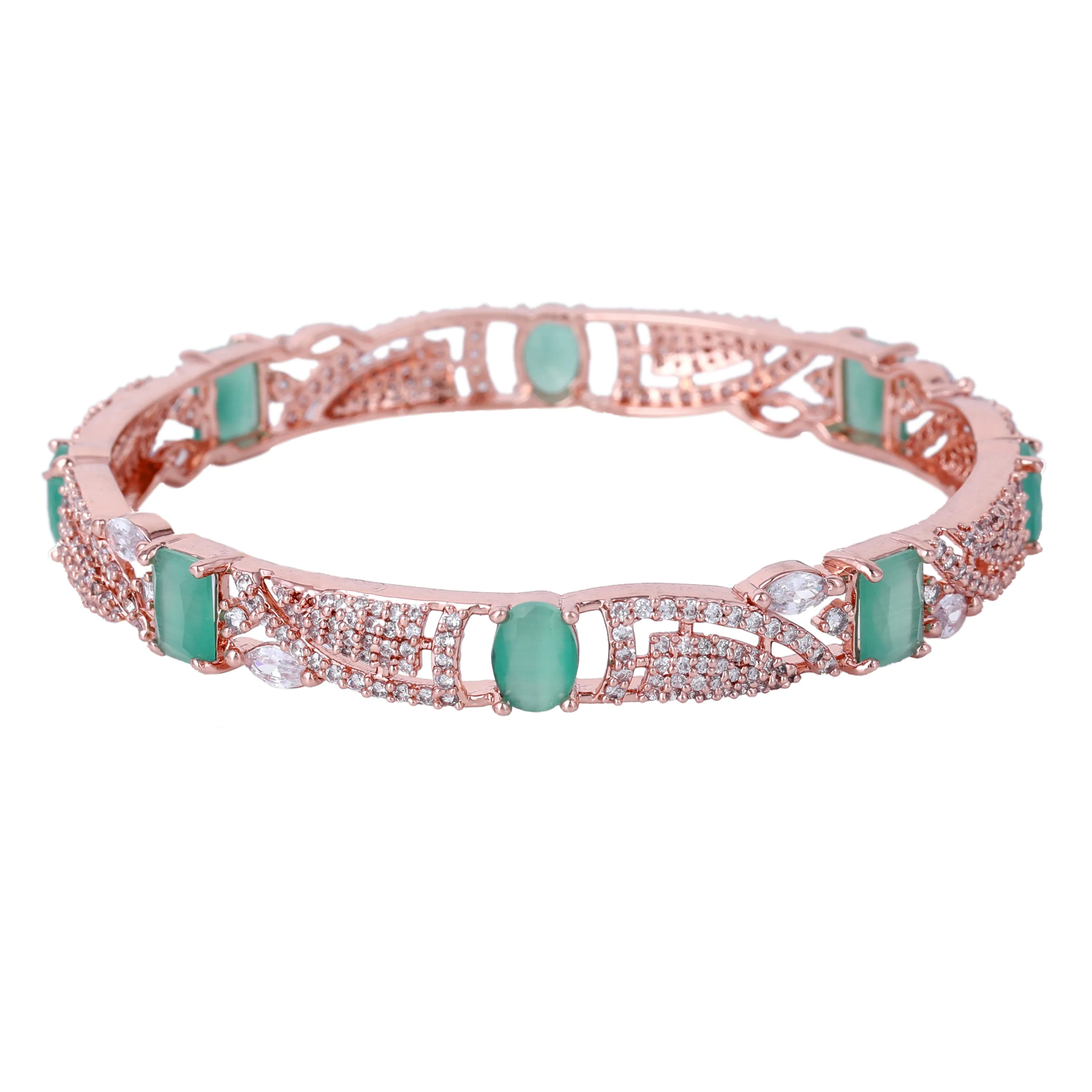 Estele Rosegold Plated Gleaming Mint Green American Diamond Bangles|Available in 2:4, 2:6 & 2:8 Sizes|Perfect Blend of Glamour & Elegance for Women