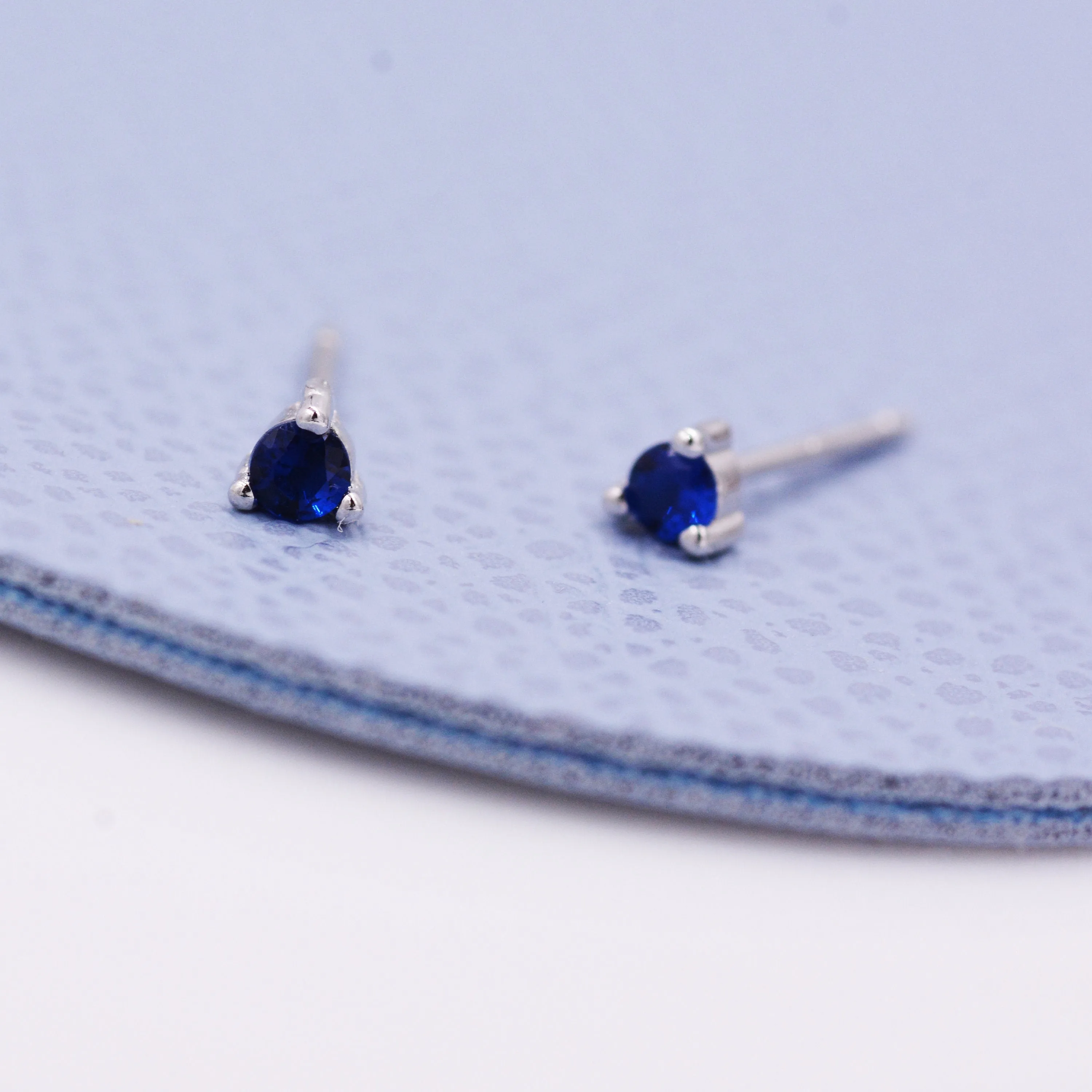 Extra Tiny Sapphire Blue Crystal CZ Stud Earrings in Sterling Silver, Three Prong 3mm Teeny Tiny Stud