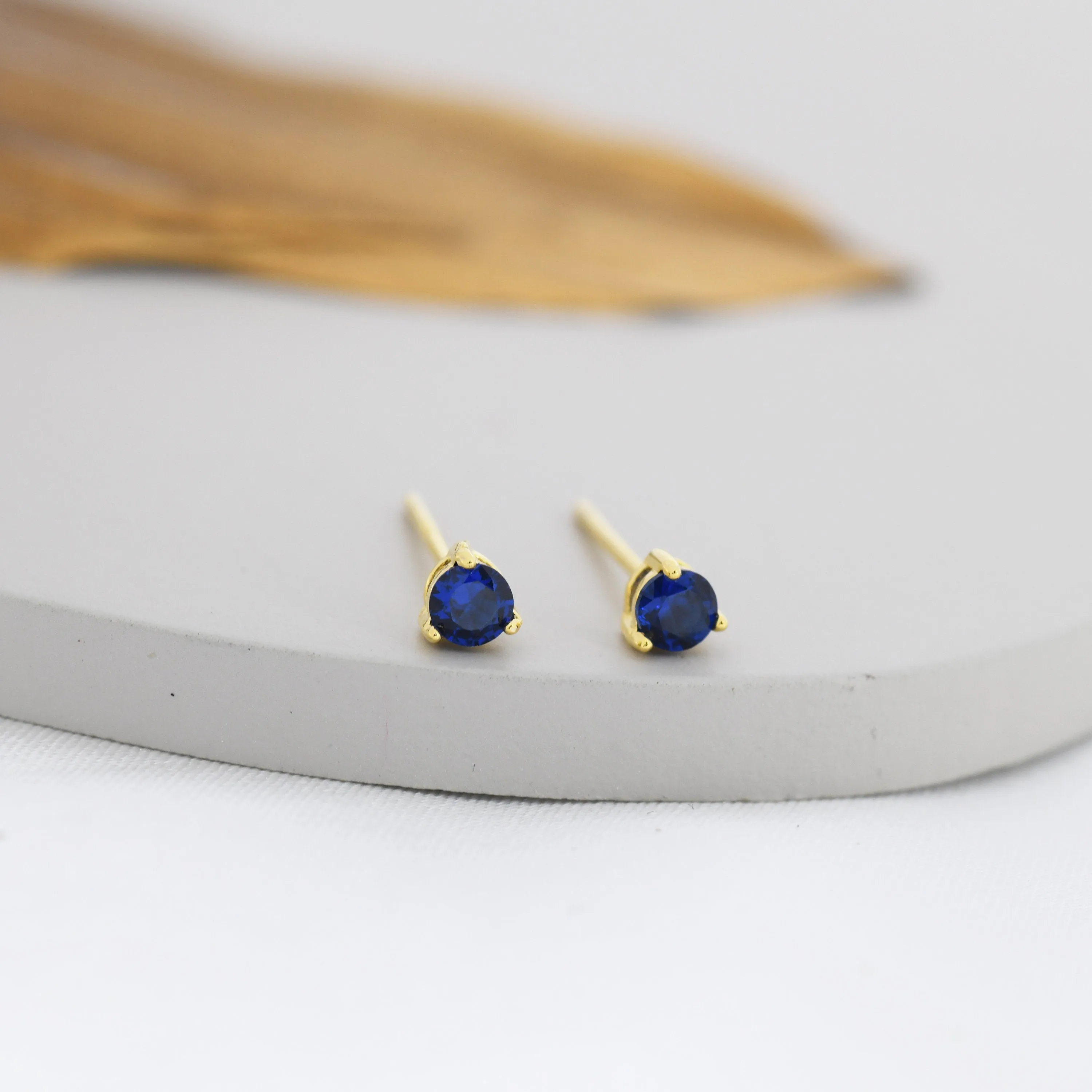 Extra Tiny Sapphire Blue Crystal CZ Stud Earrings in Sterling Silver, Three Prong 3mm Teeny Tiny Stud