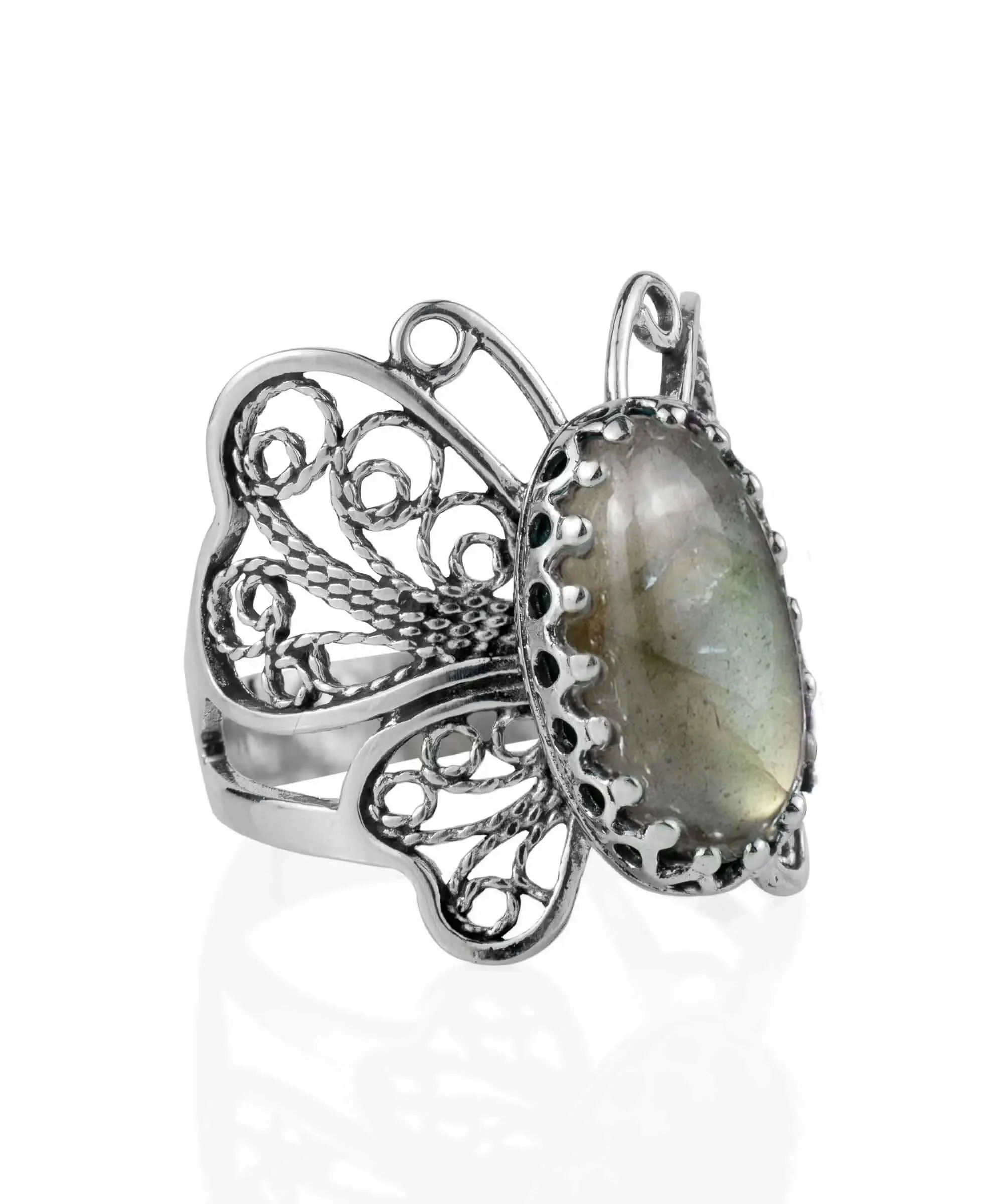 Filigree Art Labradorite Gemstone Butterfly Design Women Silver Cocktail Ring