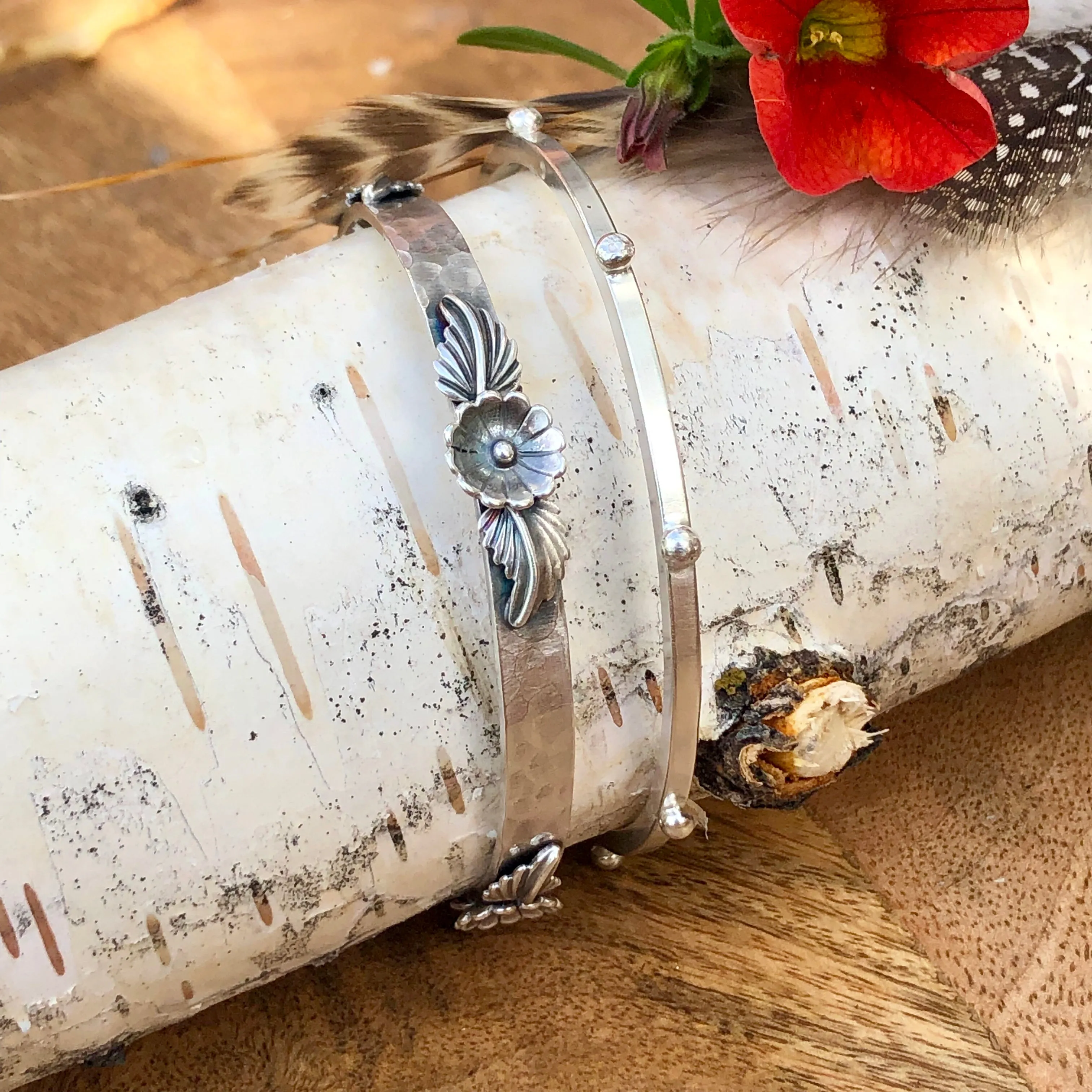 Floral and leaves Hammered Bangle Sterling Silver Bangle Bracelet