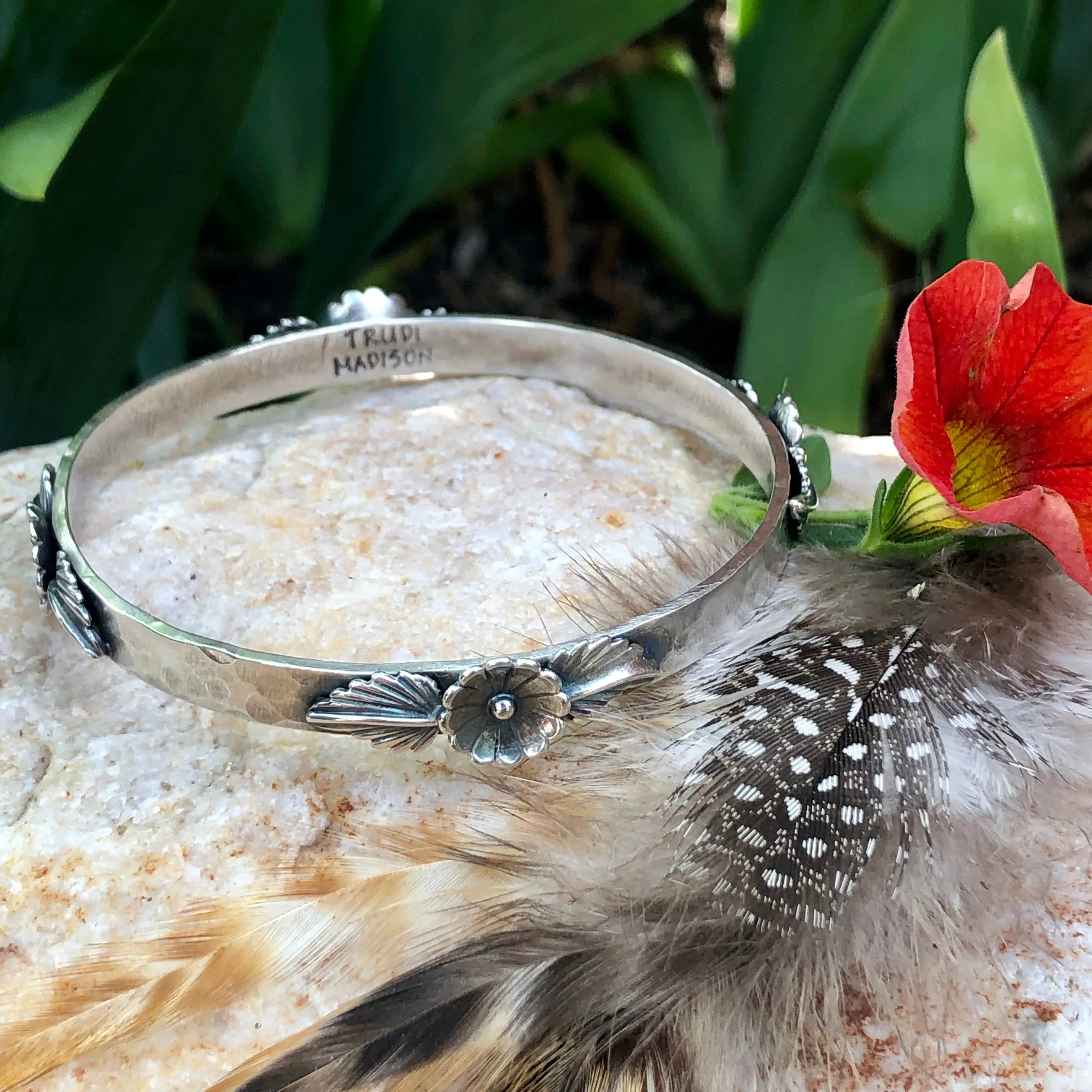 Floral and leaves Hammered Bangle Sterling Silver Bangle Bracelet