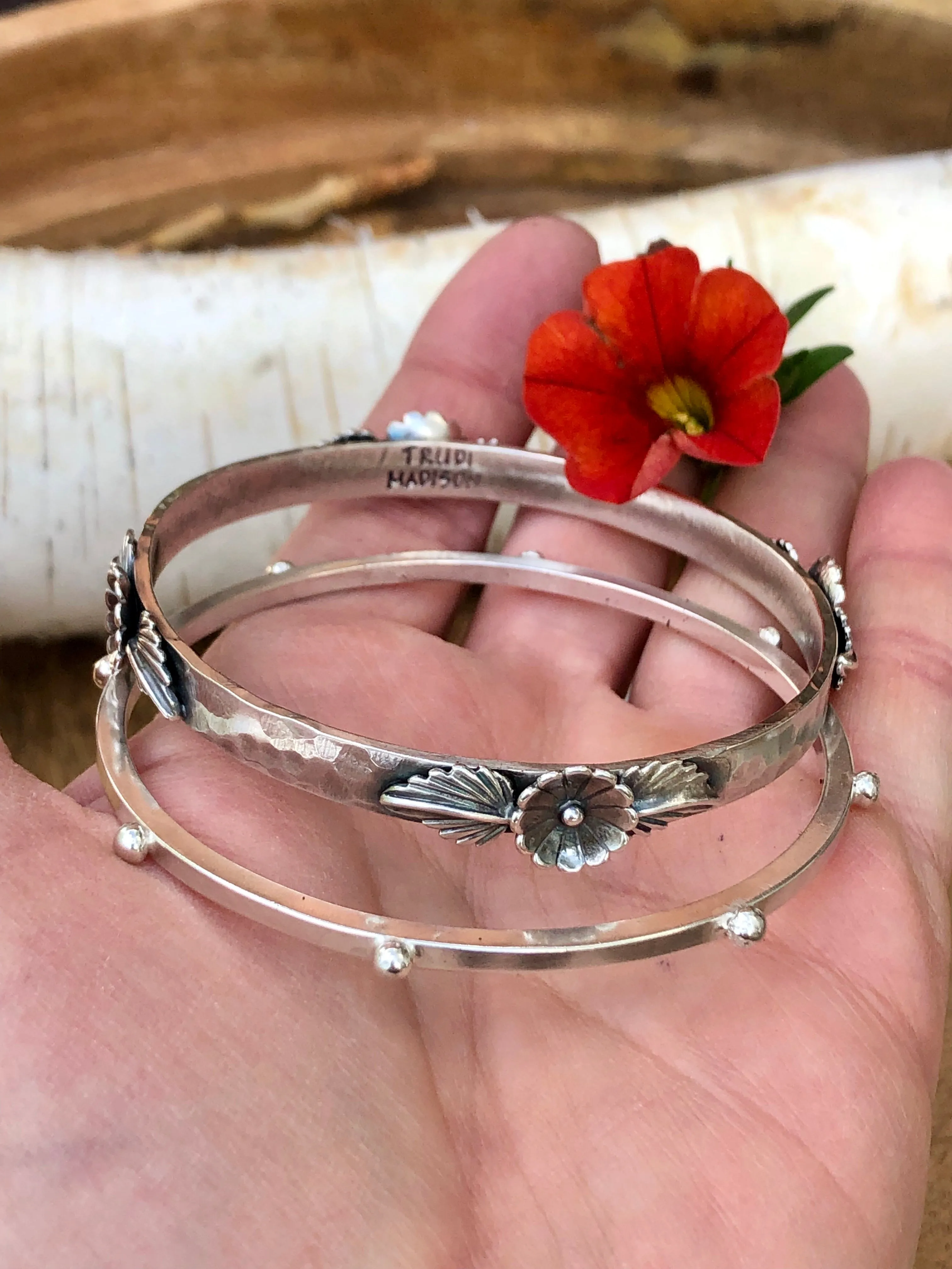 Floral and leaves Hammered Bangle Sterling Silver Bangle Bracelet