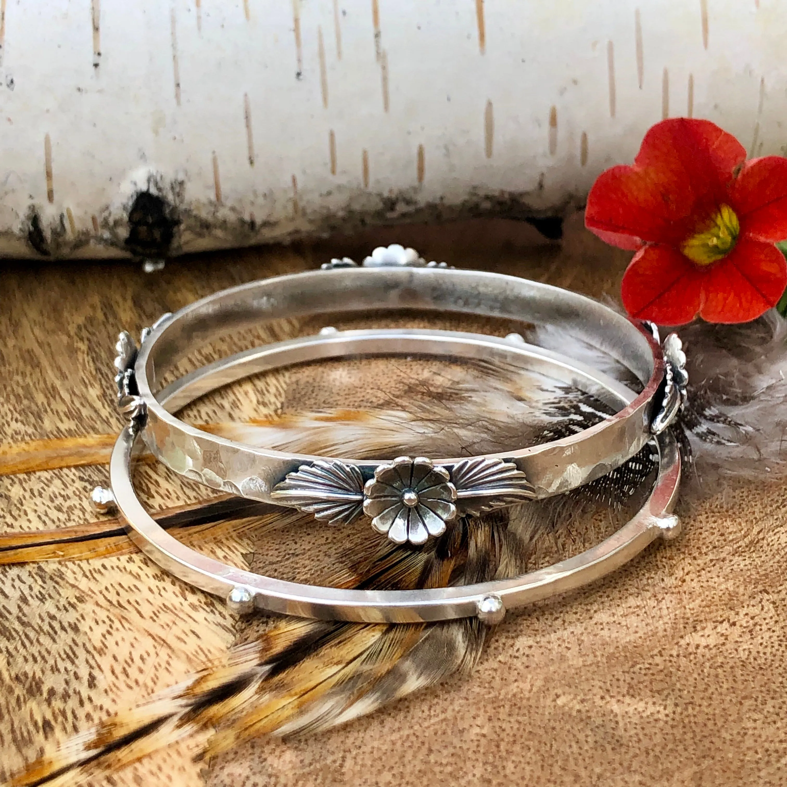 Floral and leaves Hammered Bangle Sterling Silver Bangle Bracelet