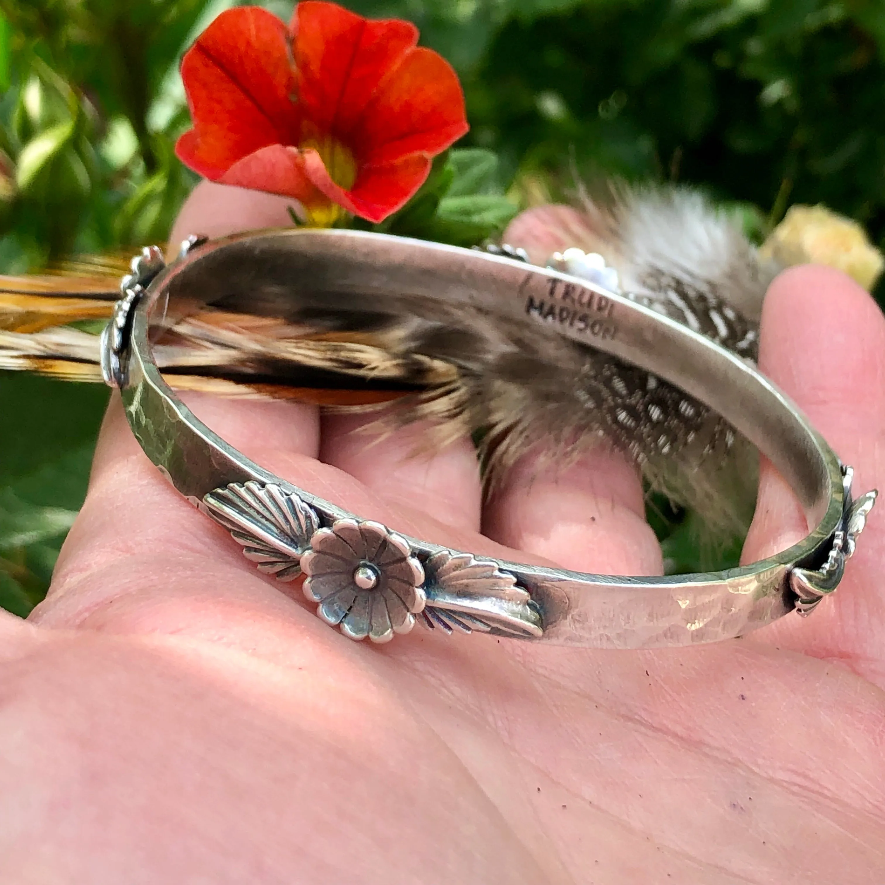 Floral and leaves Hammered Bangle Sterling Silver Bangle Bracelet