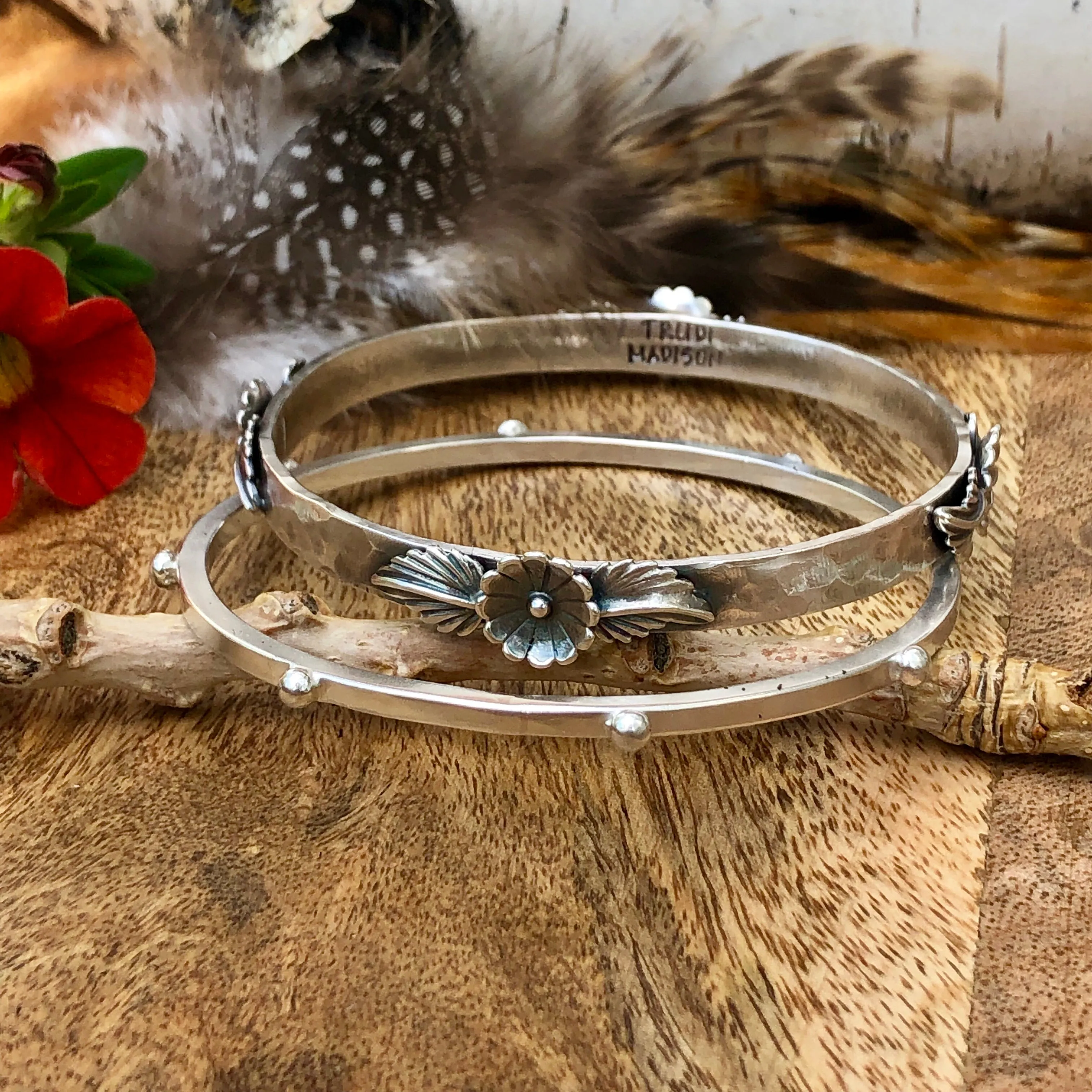 Floral and leaves Hammered Bangle Sterling Silver Bangle Bracelet