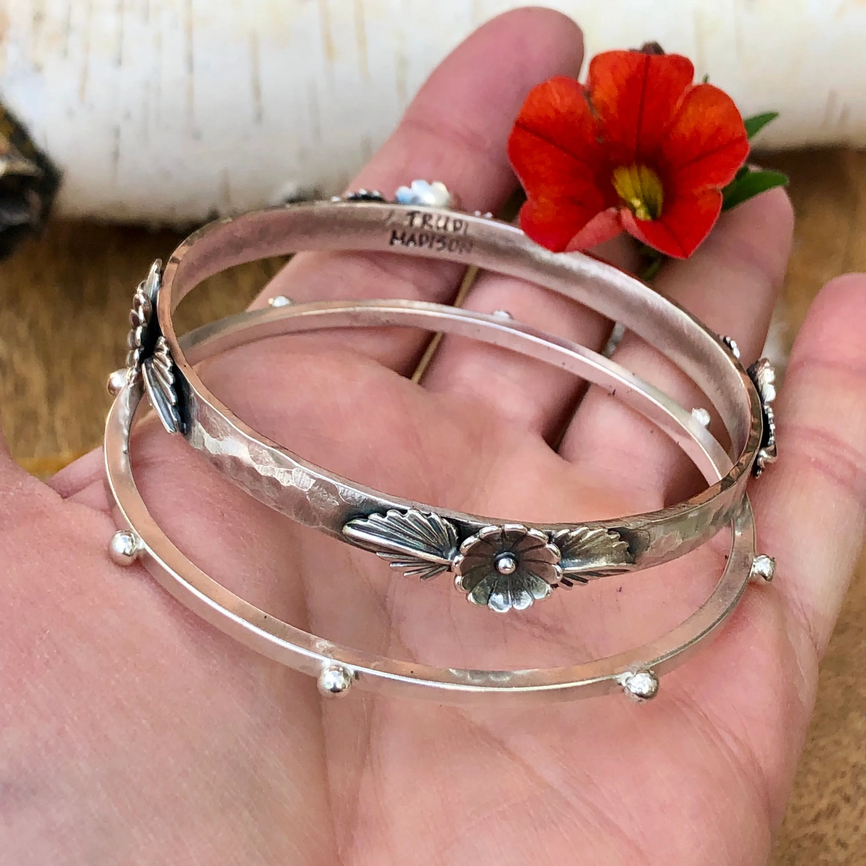 Floral and leaves Hammered Bangle Sterling Silver Bangle Bracelet
