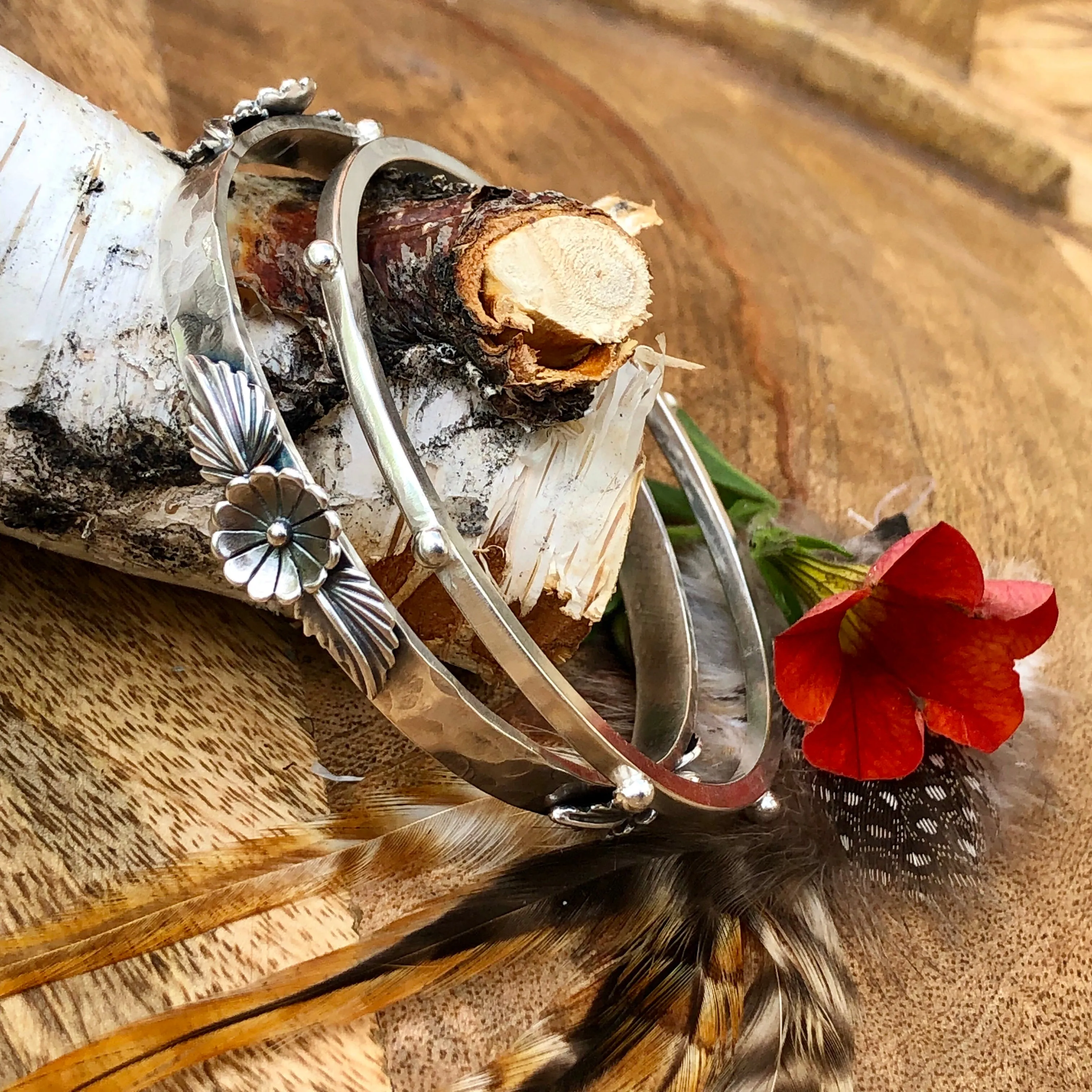 Floral and leaves Hammered Bangle Sterling Silver Bangle Bracelet