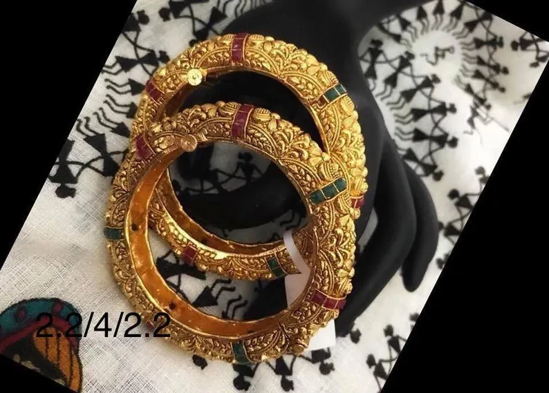 Gold Polish Kadas with Red Green Stones