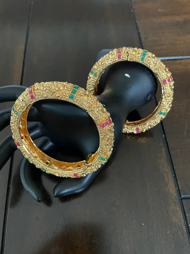 Gold Polish Kadas with Red Green Stones