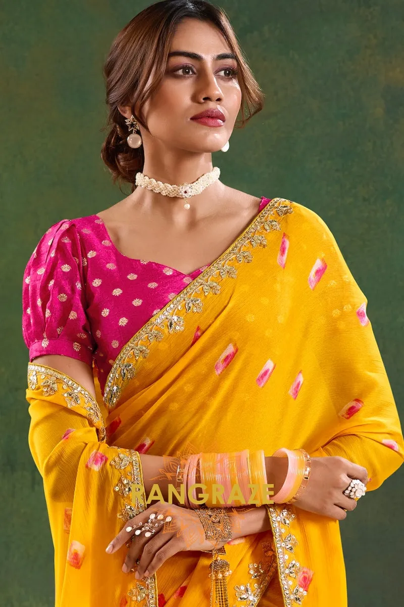 Golden Yellow Pure Chiffon Saree with Floral Motifs and Embroidered Border