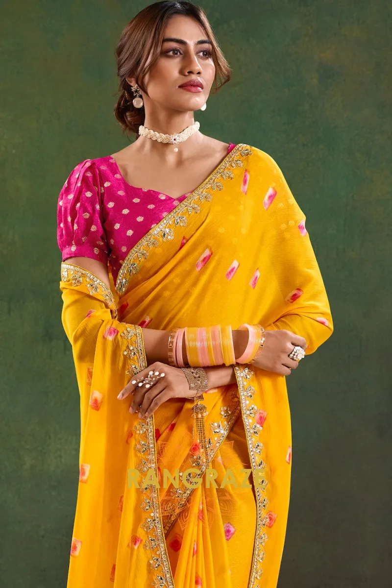 Golden Yellow Pure Chiffon Saree with Floral Motifs and Embroidered Border