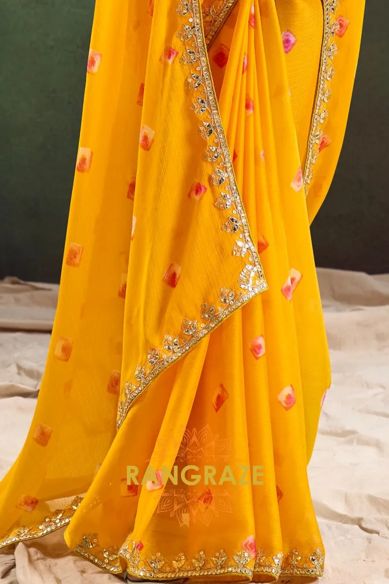 Golden Yellow Pure Chiffon Saree with Floral Motifs and Embroidered Border
