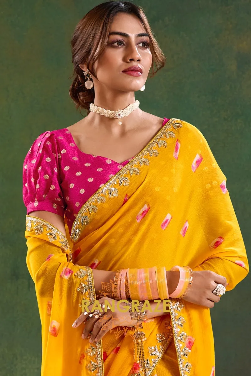 Golden Yellow Pure Chiffon Saree with Floral Motifs and Embroidered Border