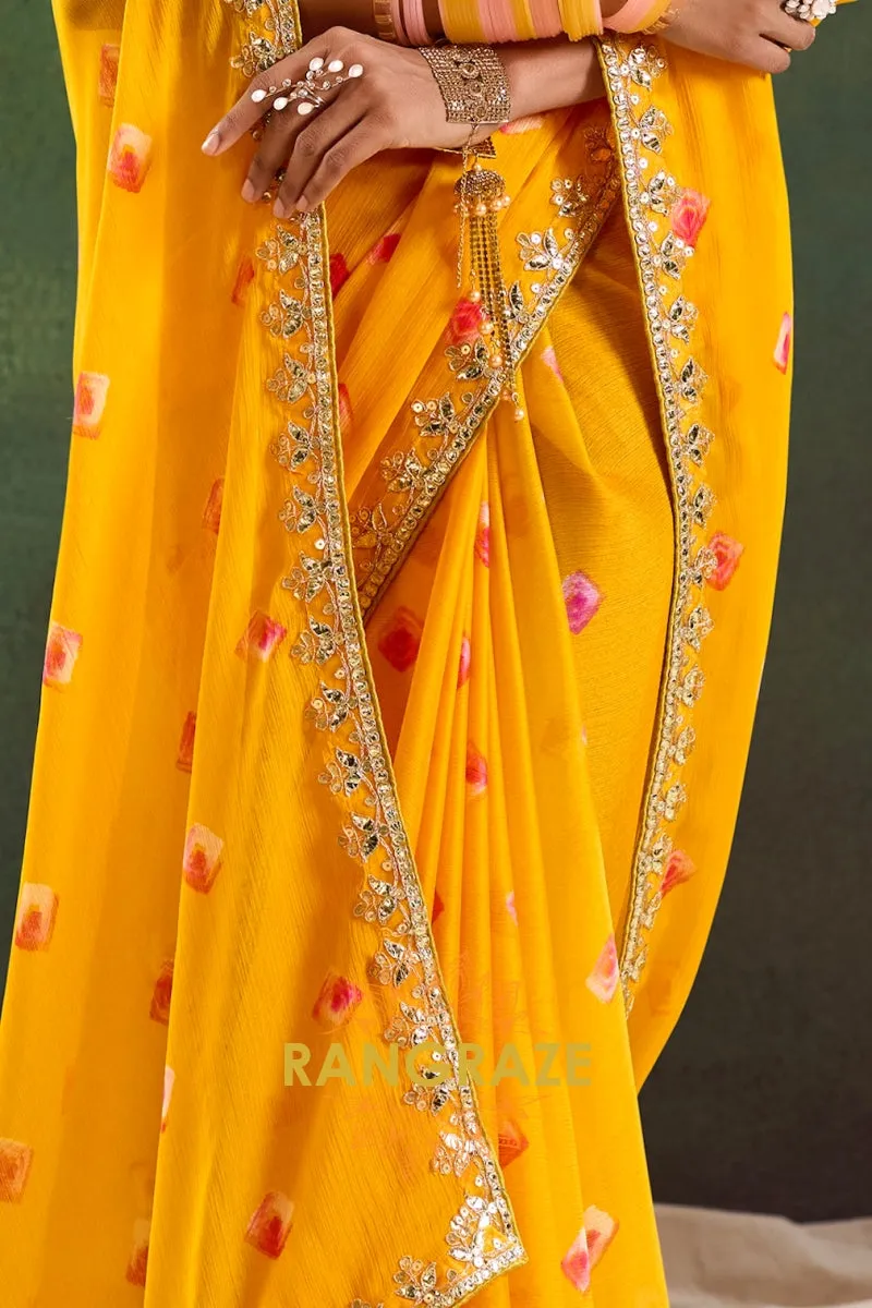 Golden Yellow Pure Chiffon Saree with Floral Motifs and Embroidered Border