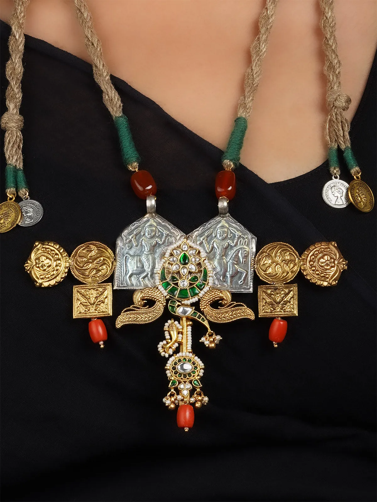 Green Color Dual Tone Mishr Tribal Necklace - MR-N87