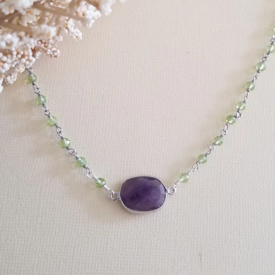 Handmade Peridot and Amethyst Necklace, Boho Beaded Stone Necklace for Women