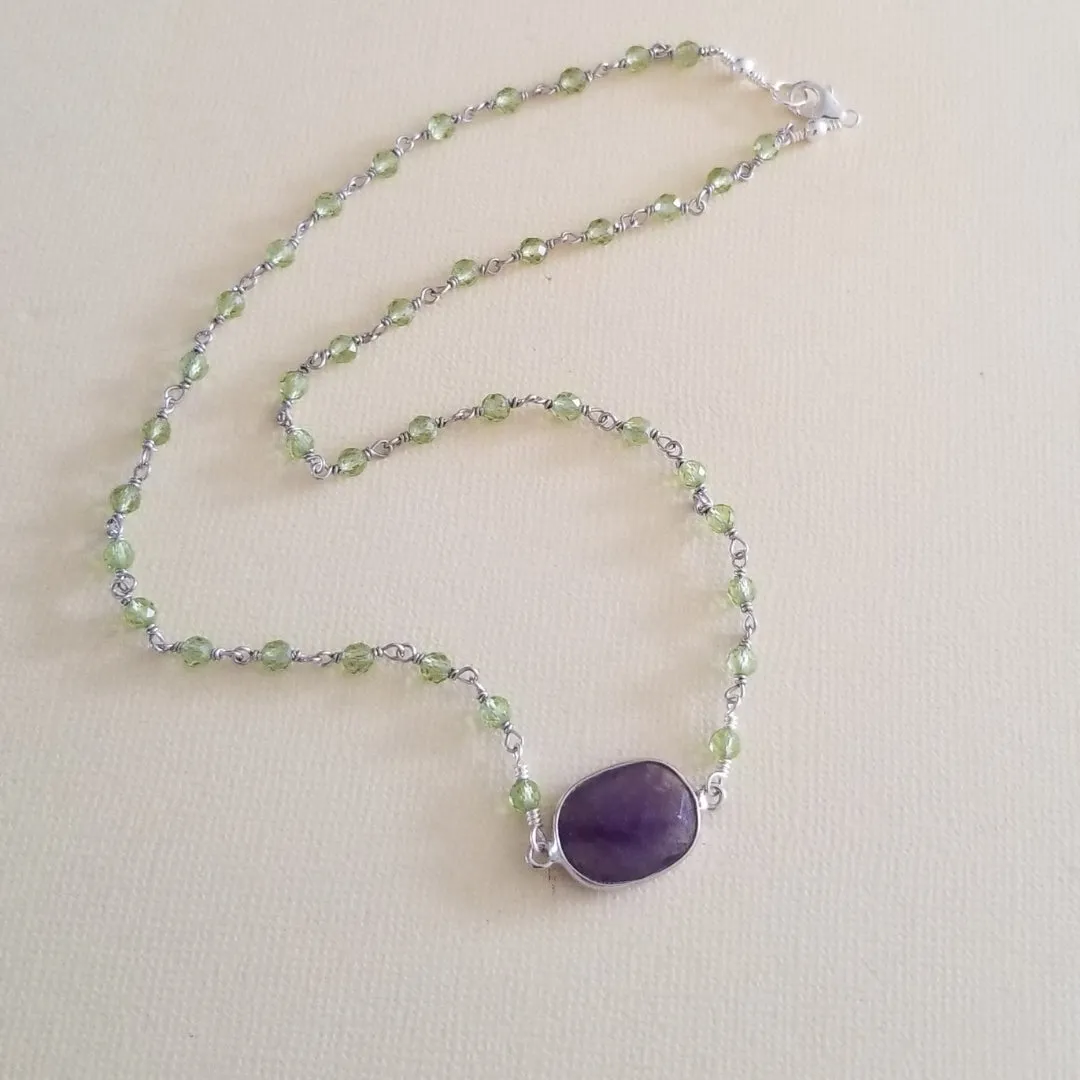 Handmade Peridot and Amethyst Necklace, Boho Beaded Stone Necklace for Women