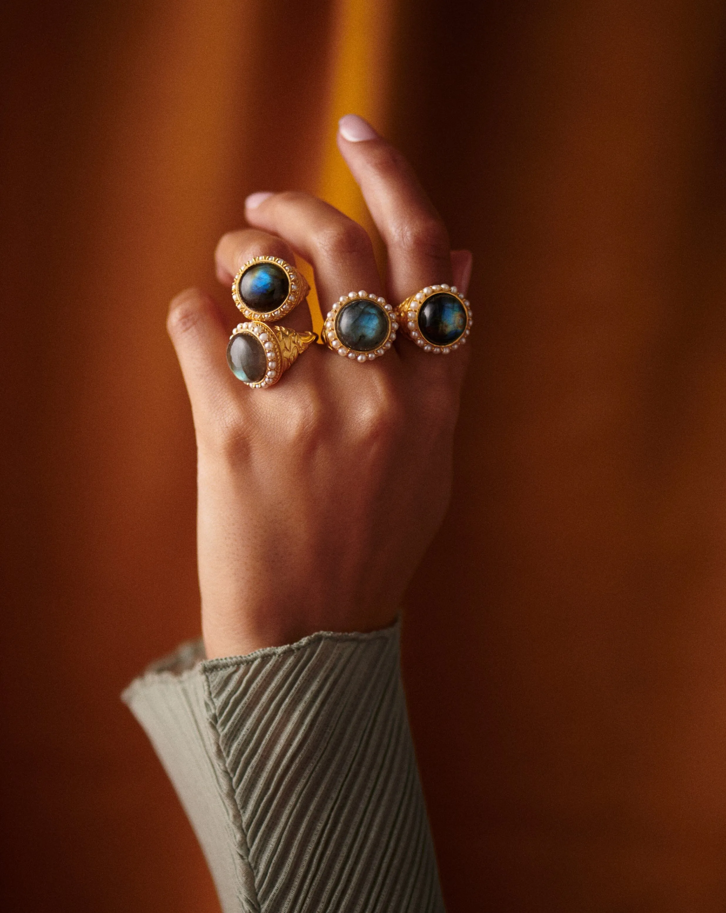 Harris Reed Labradorite Cocktail Ring | 18ct Gold Plated/Pearl & Labradorite
