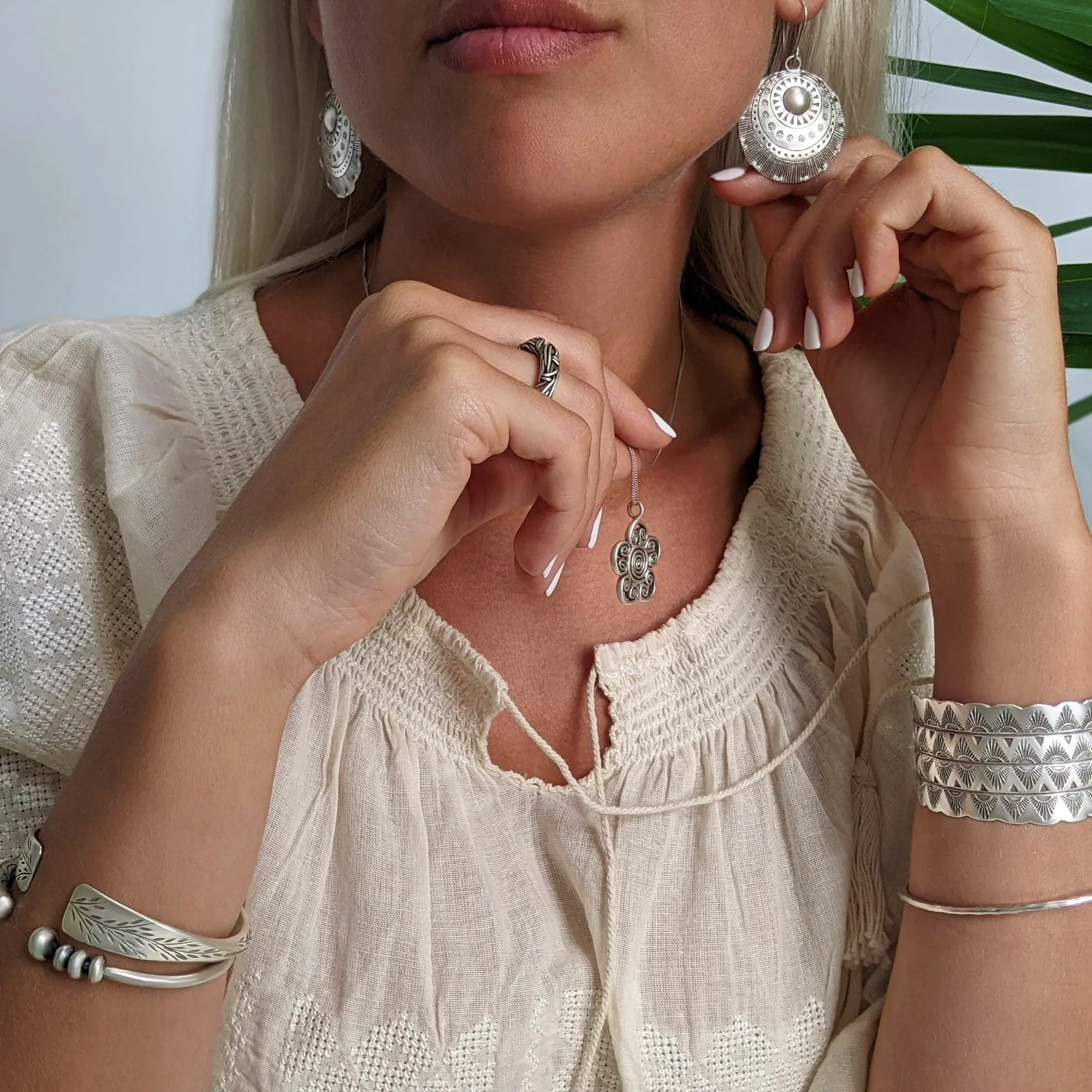 Hill Tribe Silver Leaf Pattern Engraved Cuff Bangle - Chunky Torque Design