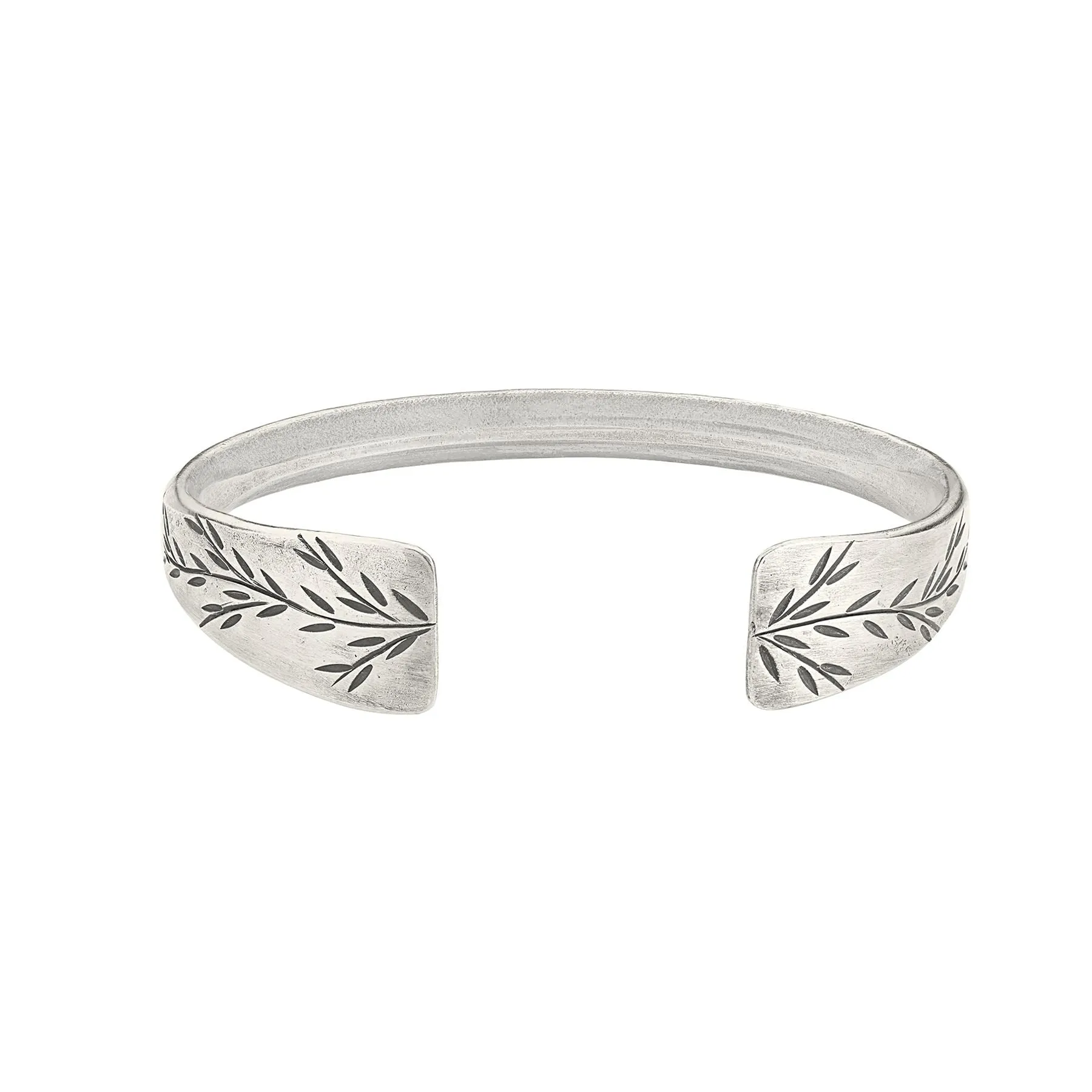 Hill Tribe Silver Leaf Pattern Engraved Cuff Bangle - Chunky Torque Design