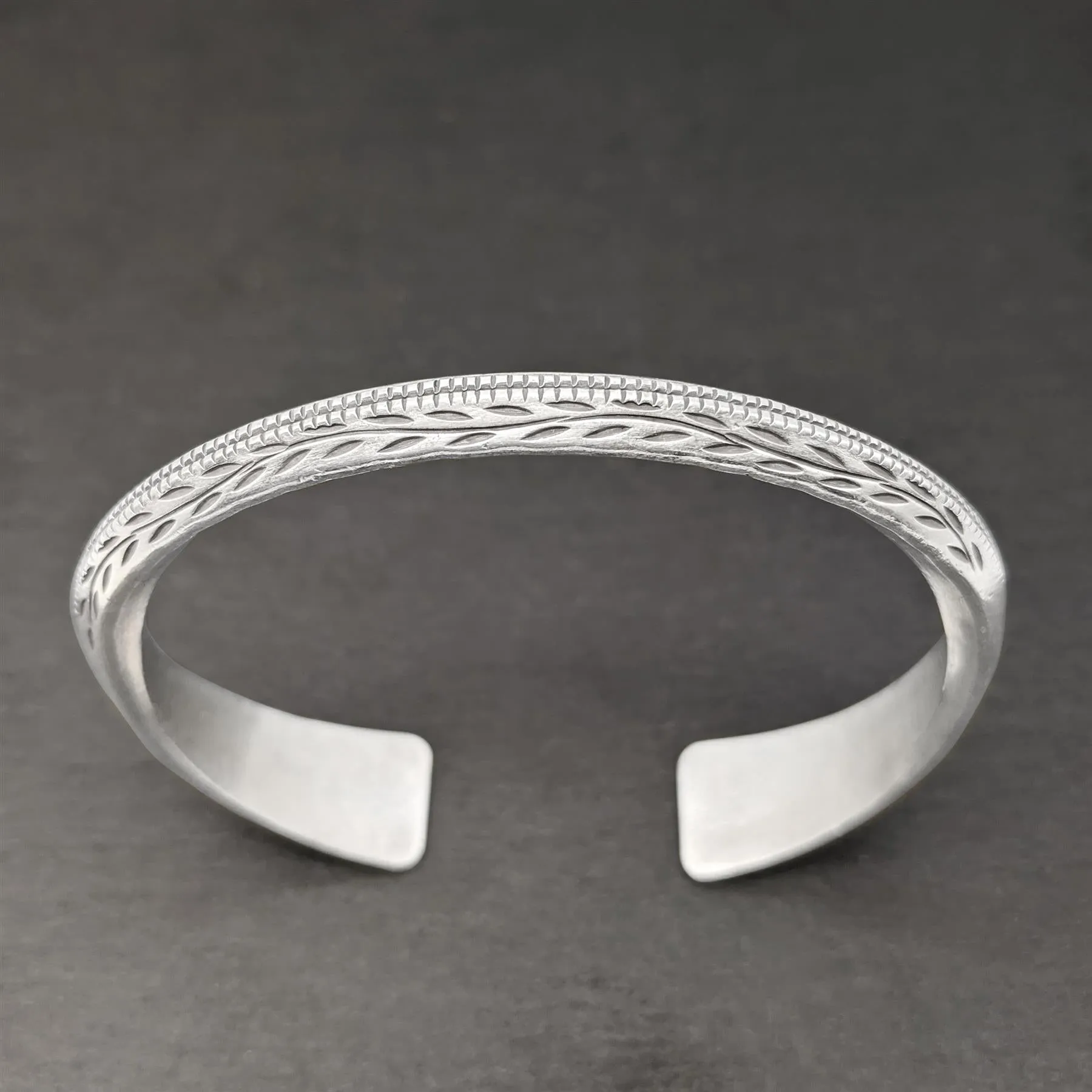 Hill Tribe Silver Leaf Pattern Engraved Cuff Bangle - Chunky Torque Design