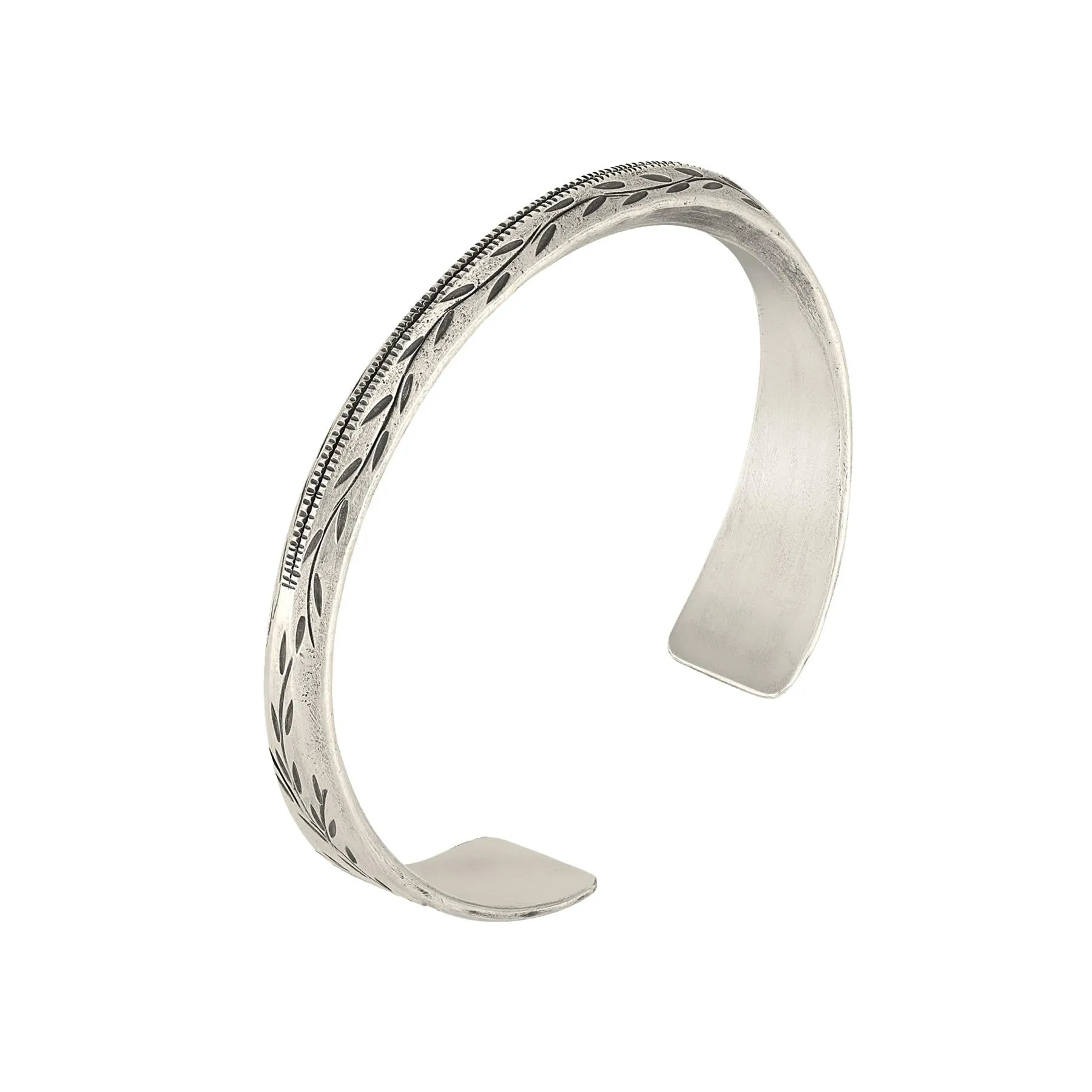 Hill Tribe Silver Leaf Pattern Engraved Cuff Bangle - Chunky Torque Design
