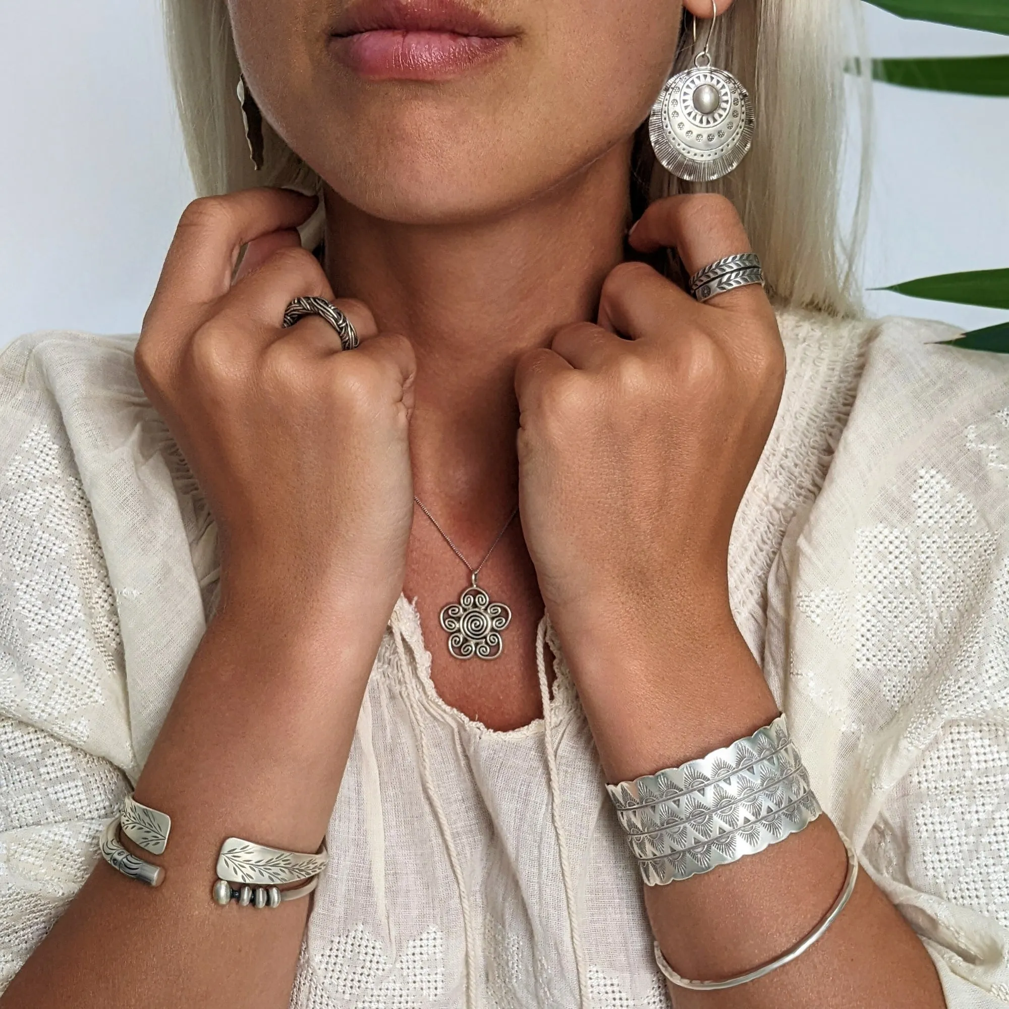 Hill Tribe Silver Leaf Pattern Engraved Cuff Bangle - Chunky Torque Design