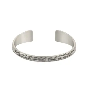 Hill Tribe Silver Leaf Pattern Engraved Cuff Bangle - Chunky Torque Design