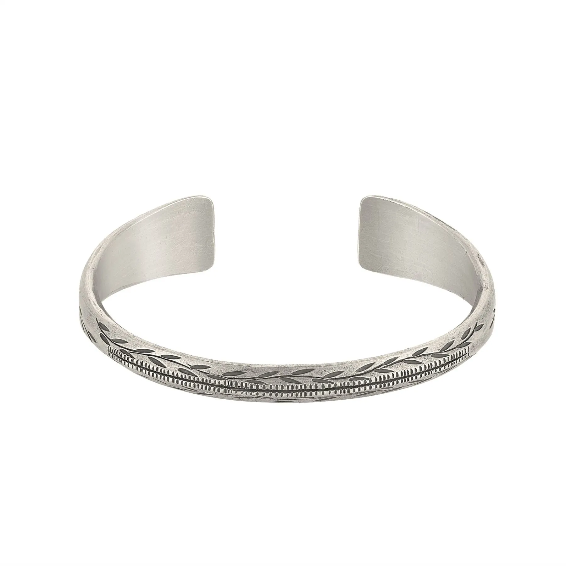 Hill Tribe Silver Leaf Pattern Engraved Cuff Bangle - Chunky Torque Design