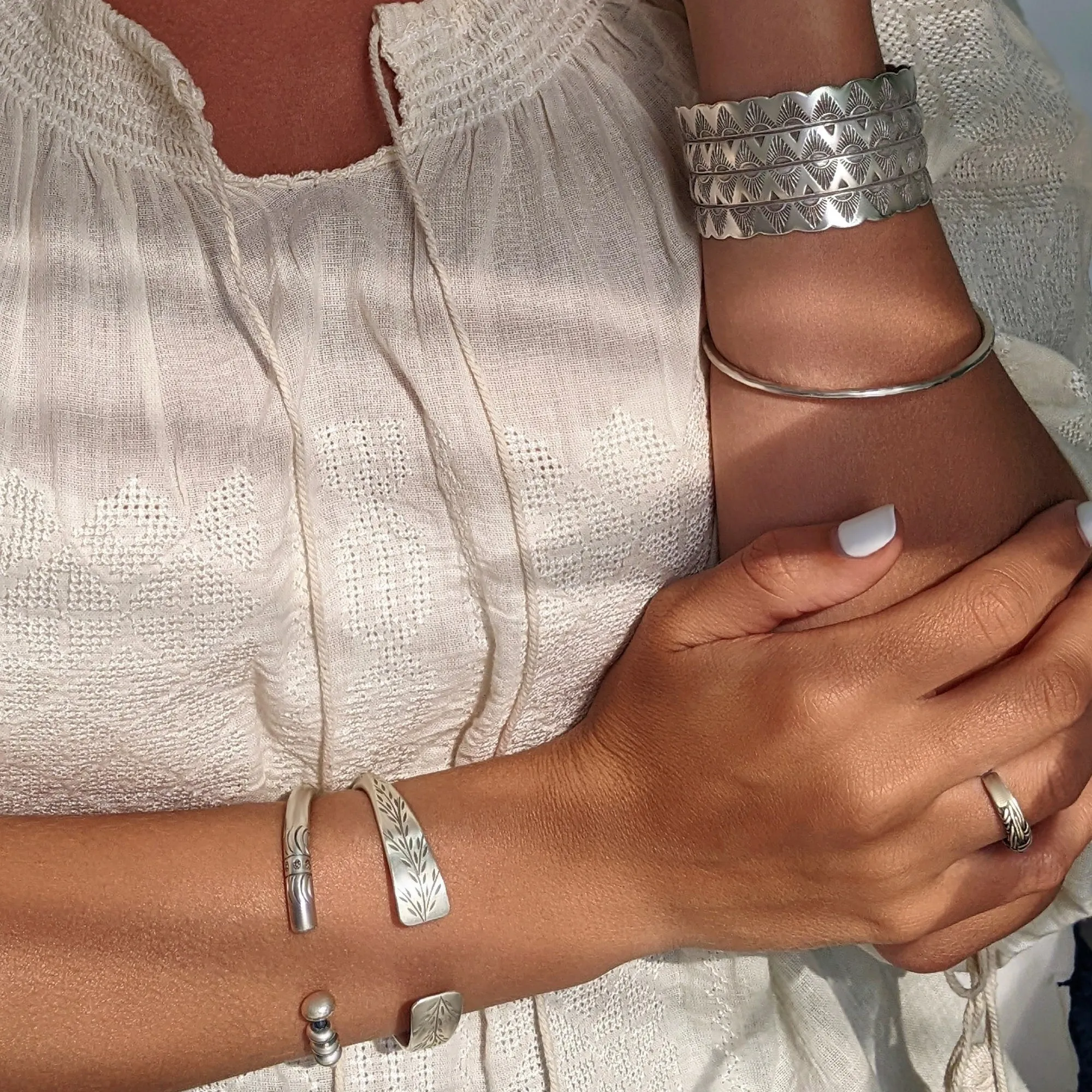 Hill Tribe Silver Leaf Pattern Engraved Cuff Bangle - Chunky Torque Design