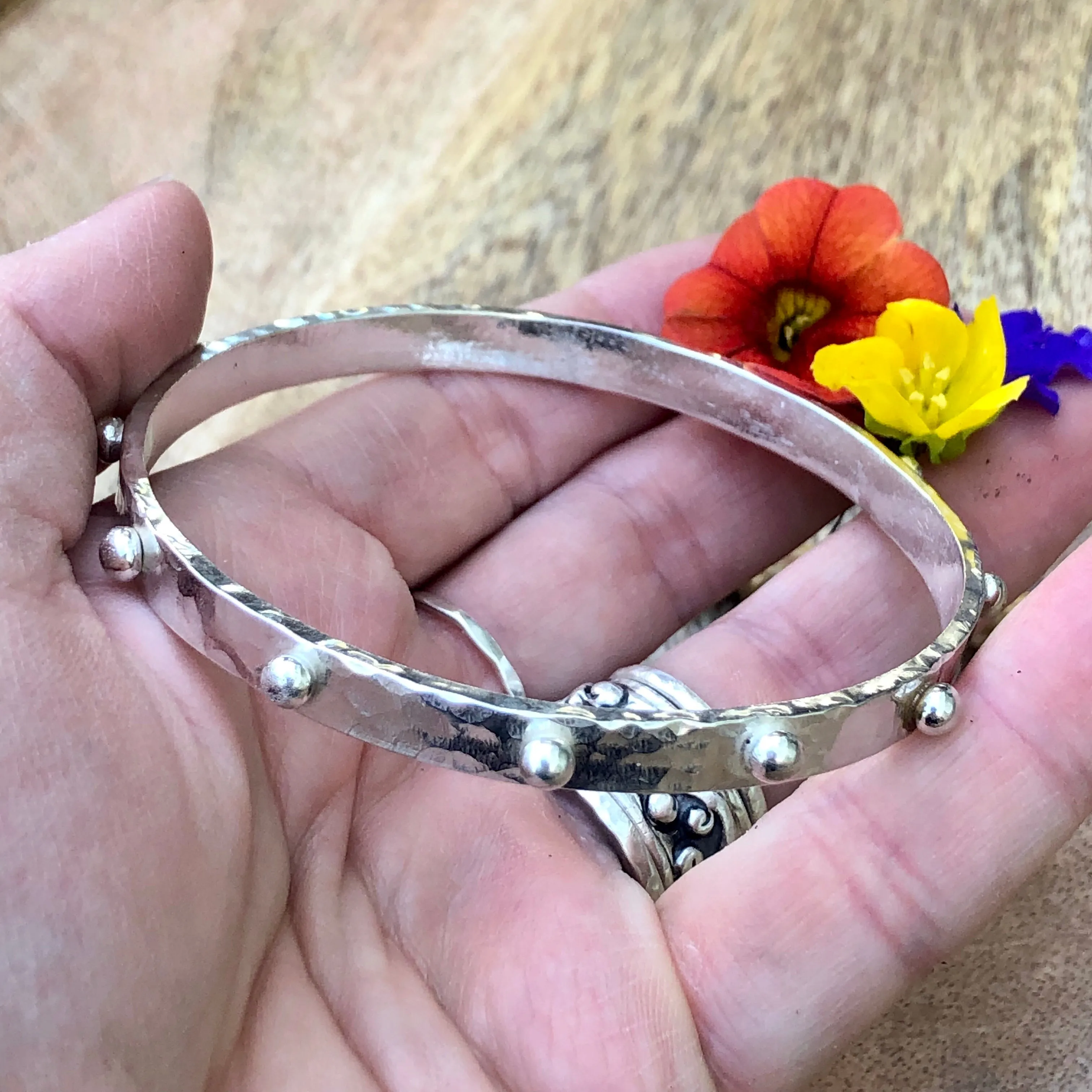 Hobnail Rustic Hammered Bangle Sterling Silver Bracelet