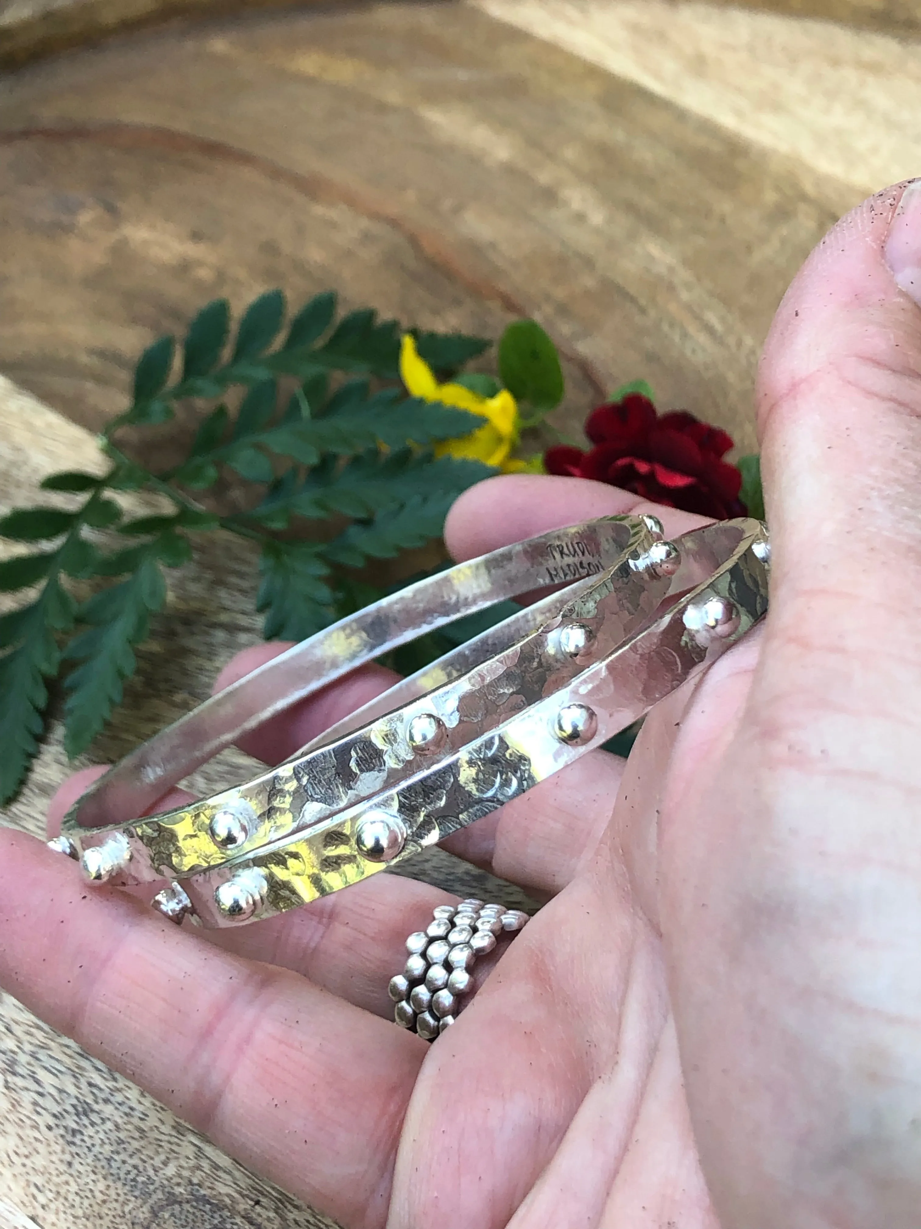 Hobnail Rustic Hammered Bangle Sterling Silver Bracelet