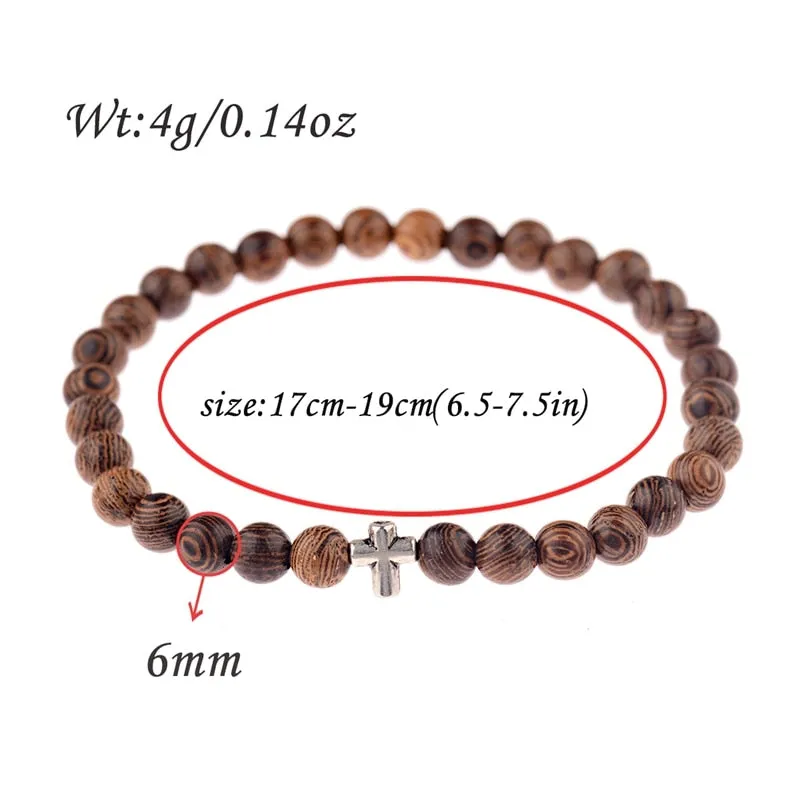 Hot Men Natural Wood Beads Cross Bracelets Onyx Meditation Prayer Bead Bracelet Women Wooden Yoga Jewelry Homme