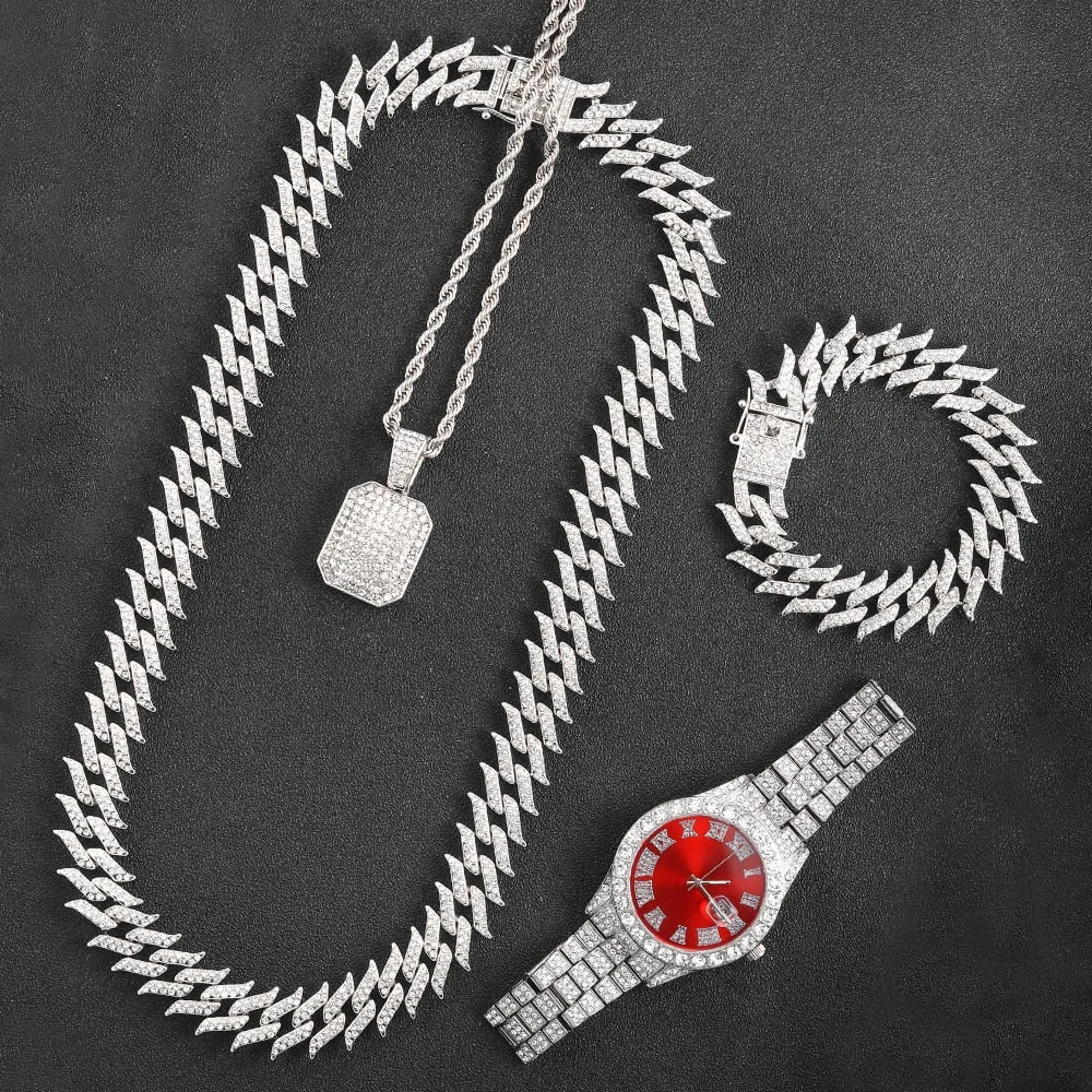 Iced Out Chain Necklace Watch Bracelet for Women Men