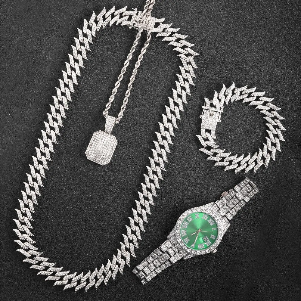 Iced Out Chain Necklace Watch Bracelet for Women Men